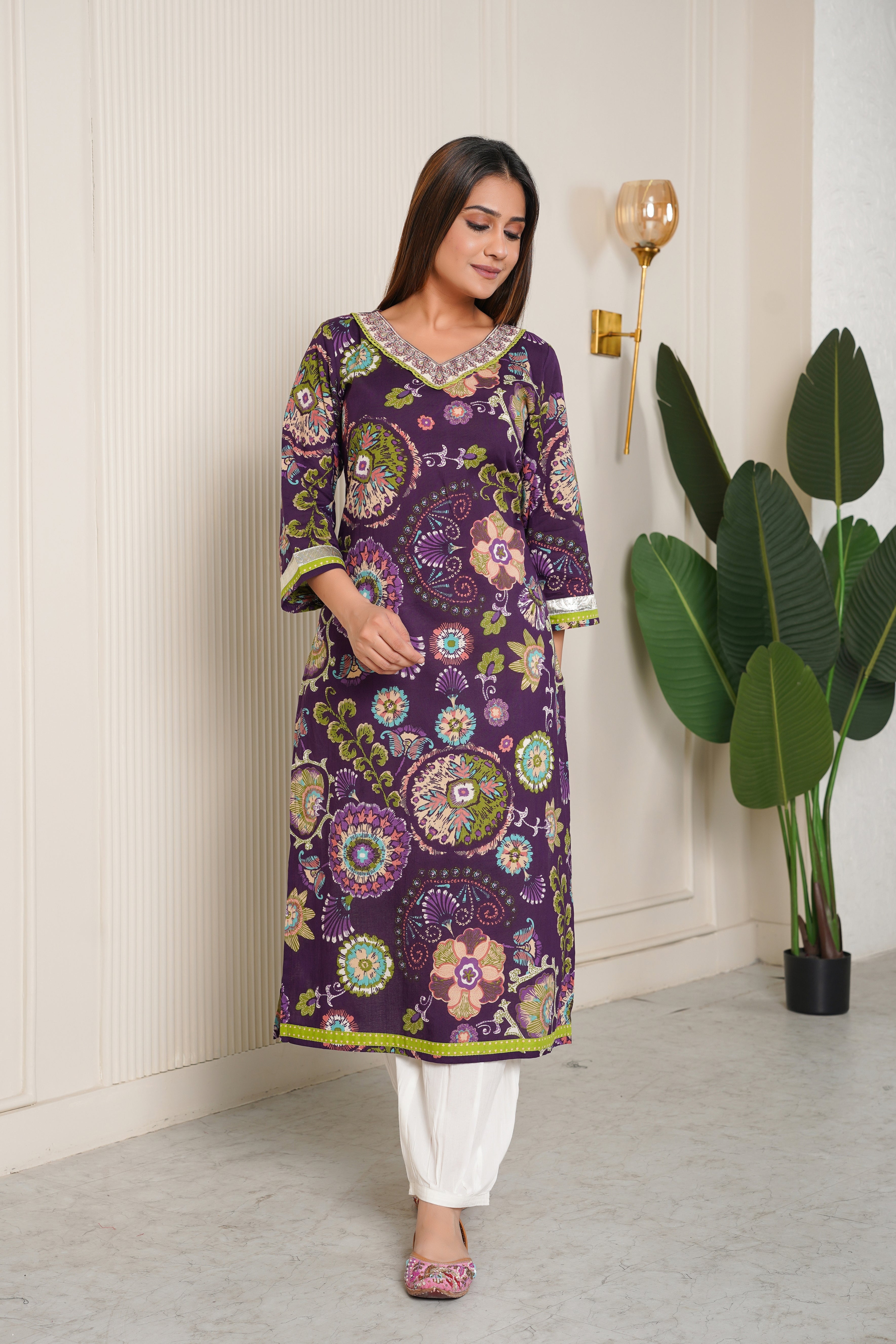 Violet Embroidered Floral Printed Cotton Kurta