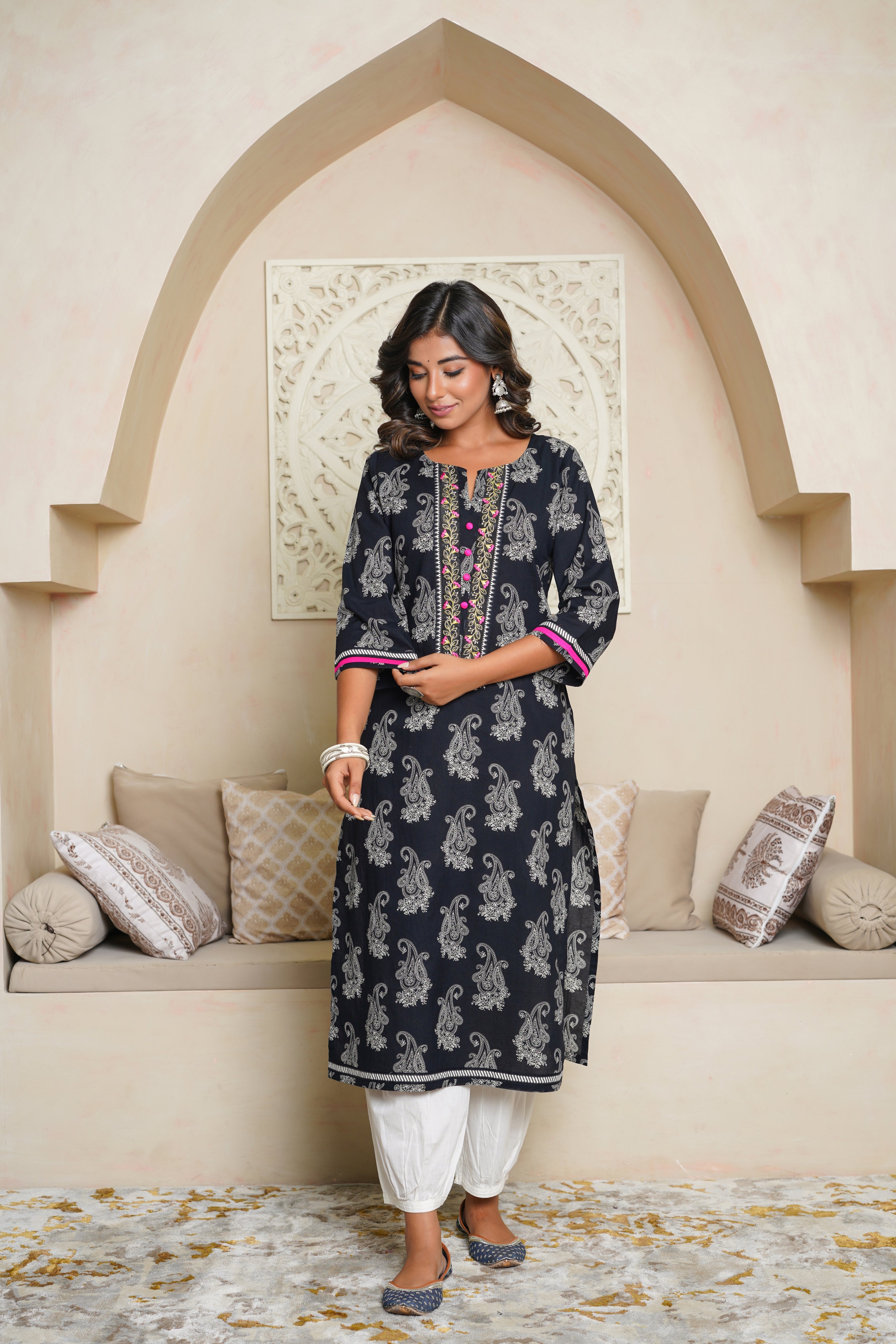 Black Motif Printed Cotton Kurta