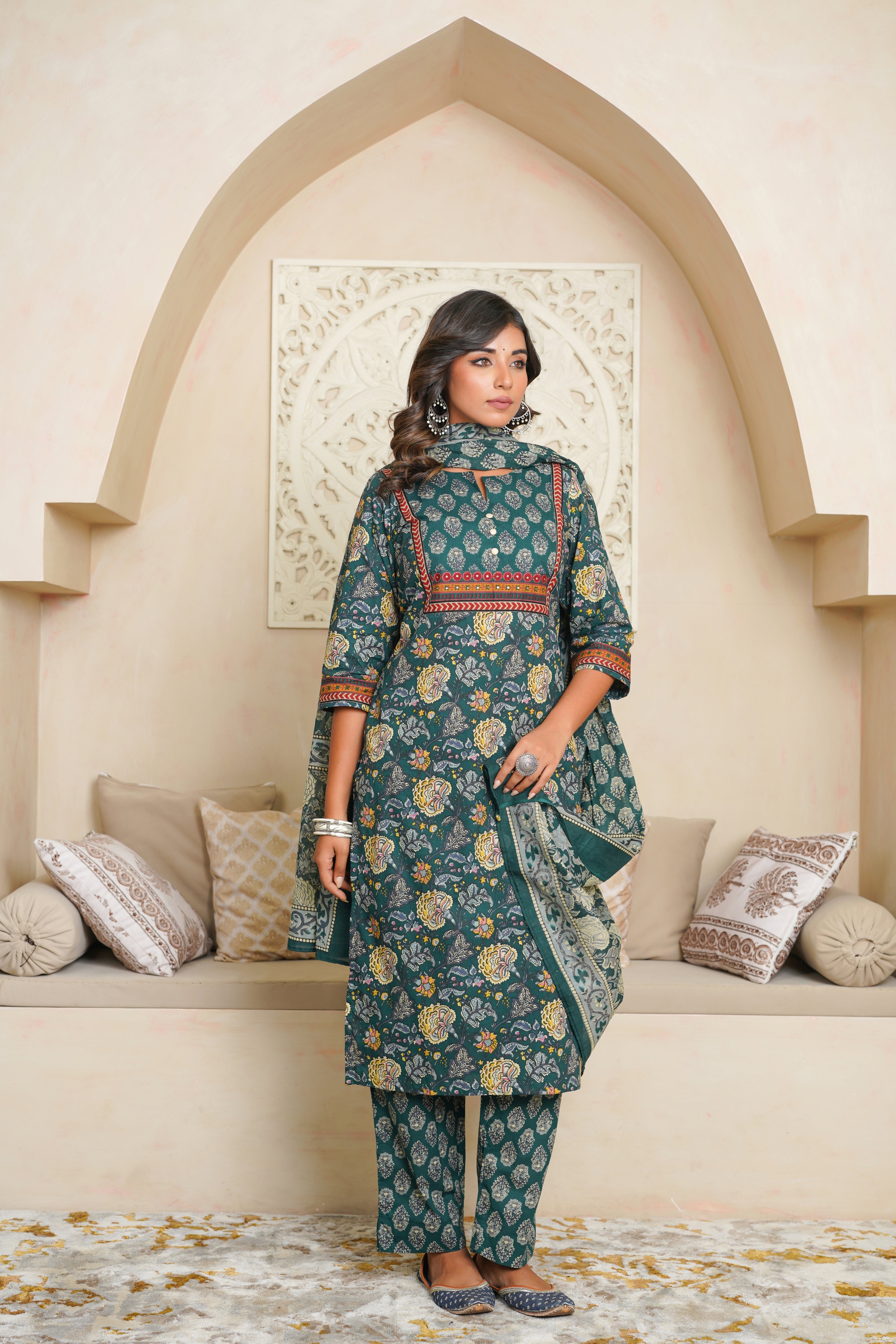 Green Floral Cotton Suit Set