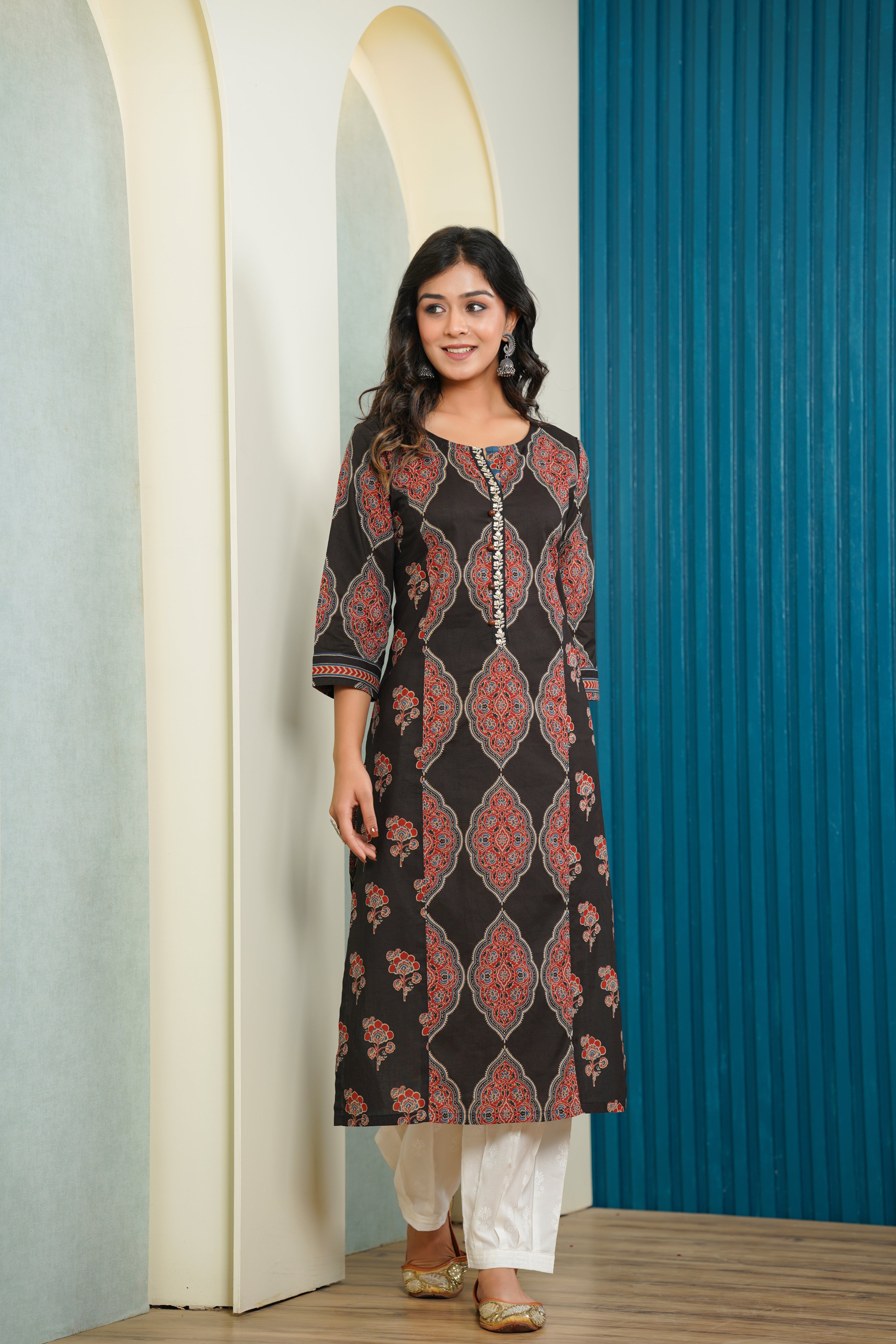 Black Motif Printed Cotton Kurta