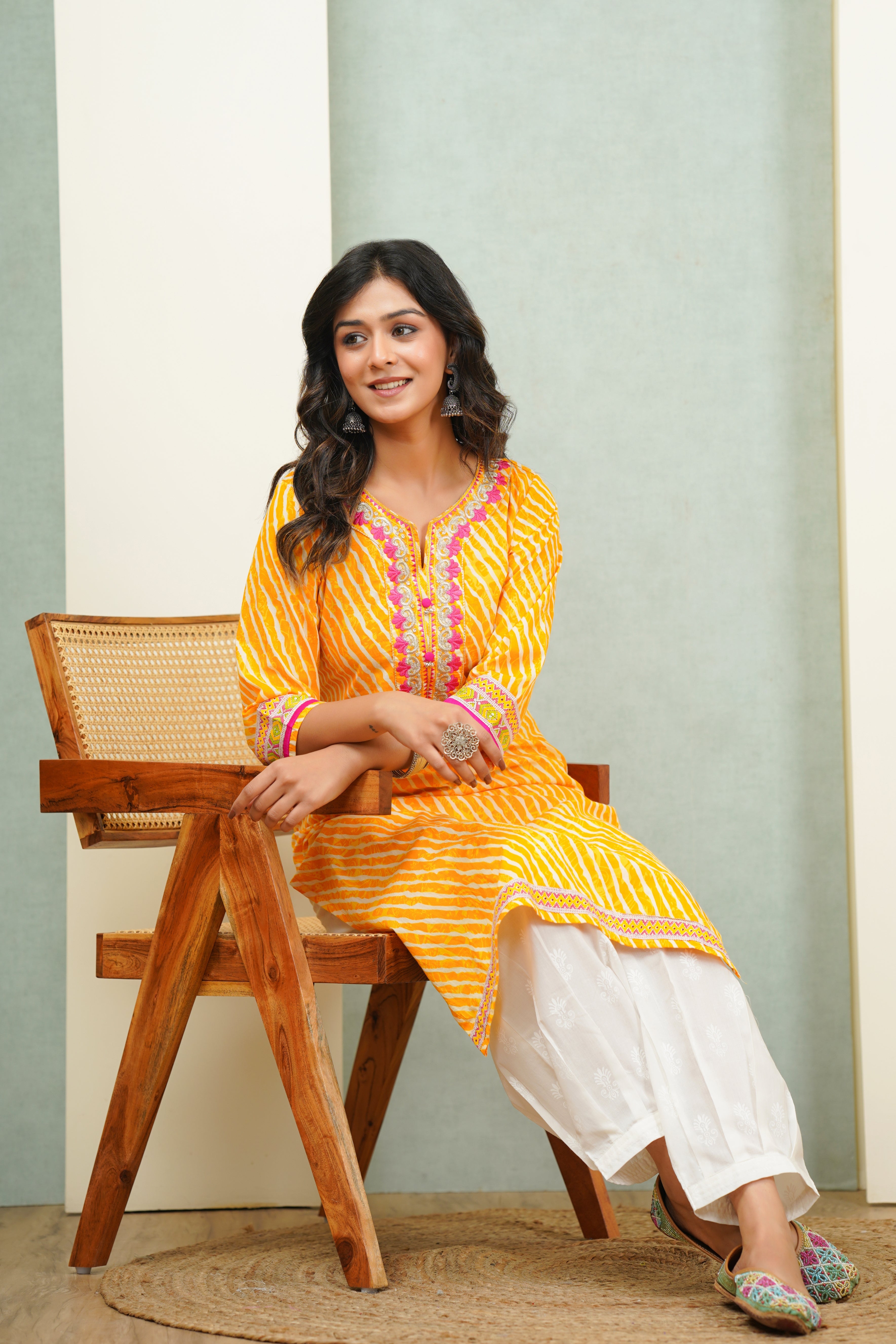 Embroidered Yellow Leheriya Cotton Kurta