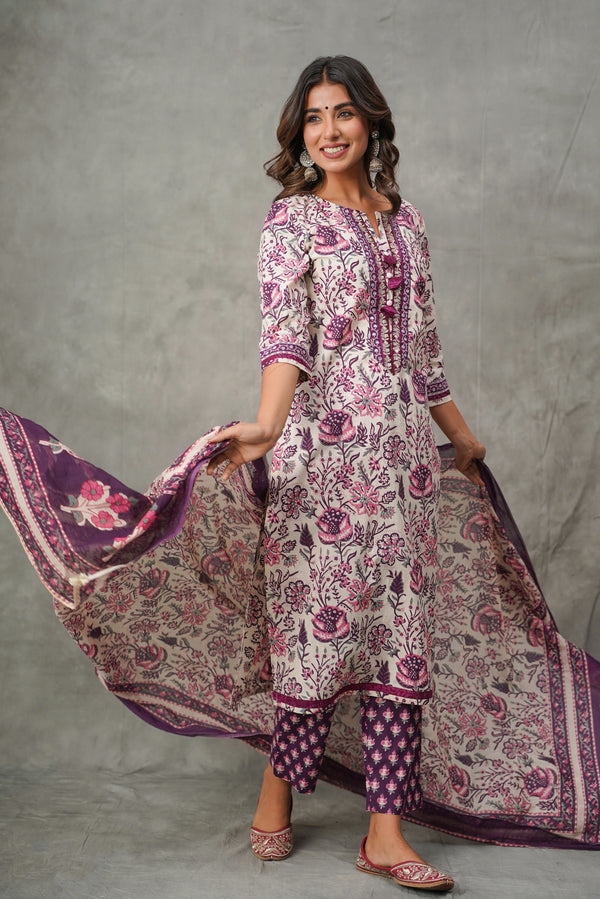 Purple Floral Cotton Suit Set