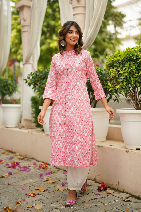 Pink Motif Printed Cotton Kurta