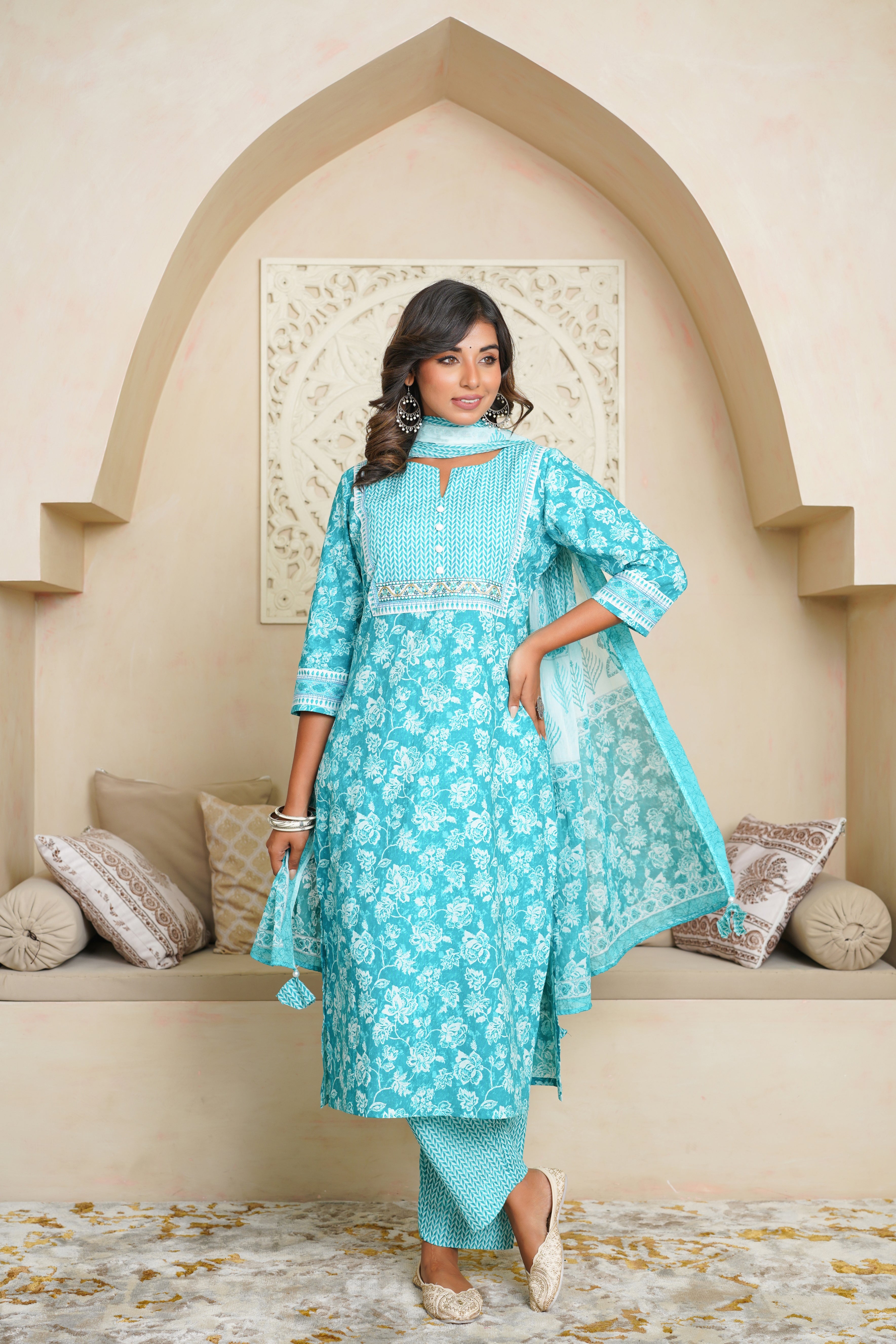 Turquoise Floral Cotton Suit Set