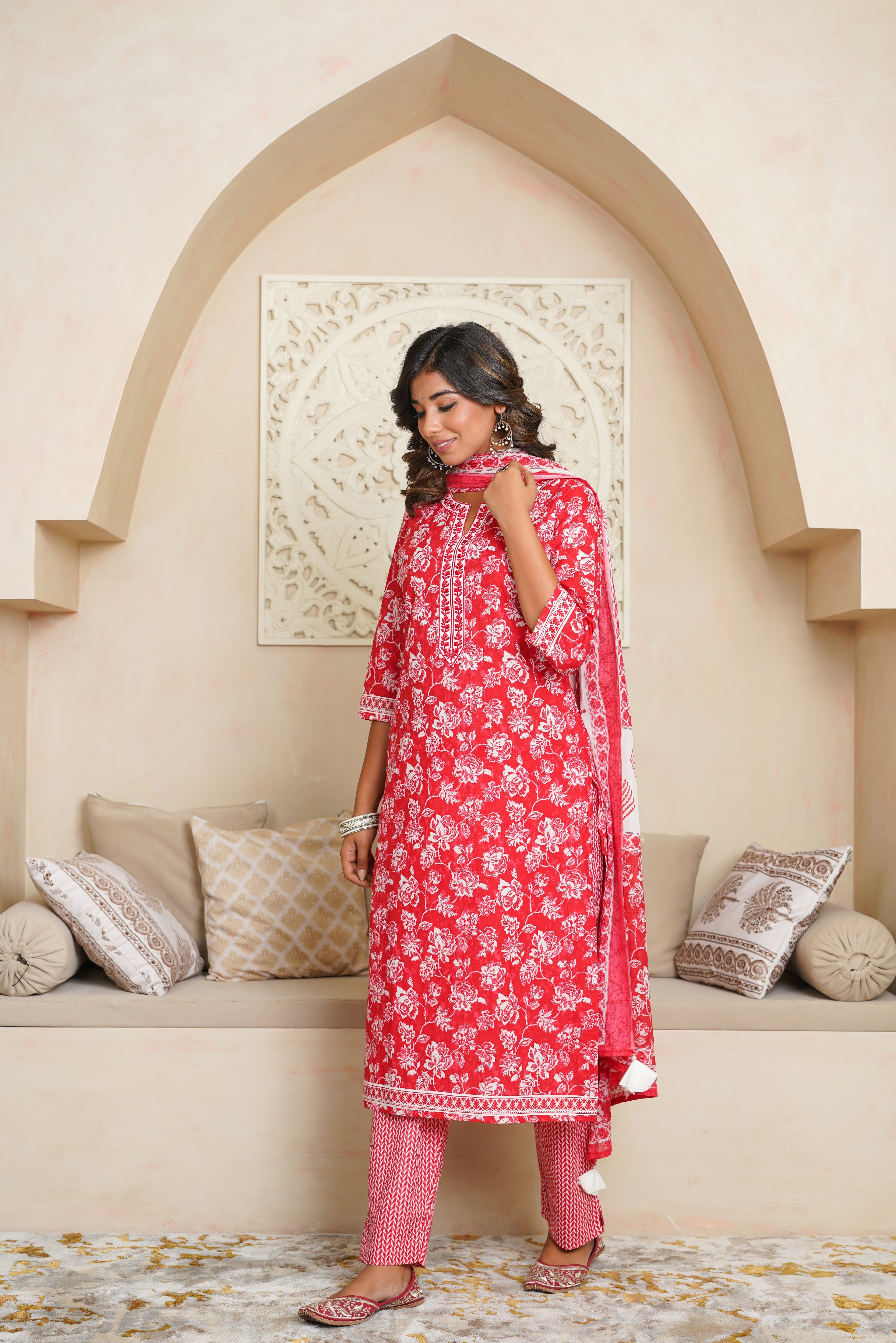 Red Floral Cotton Suit Set