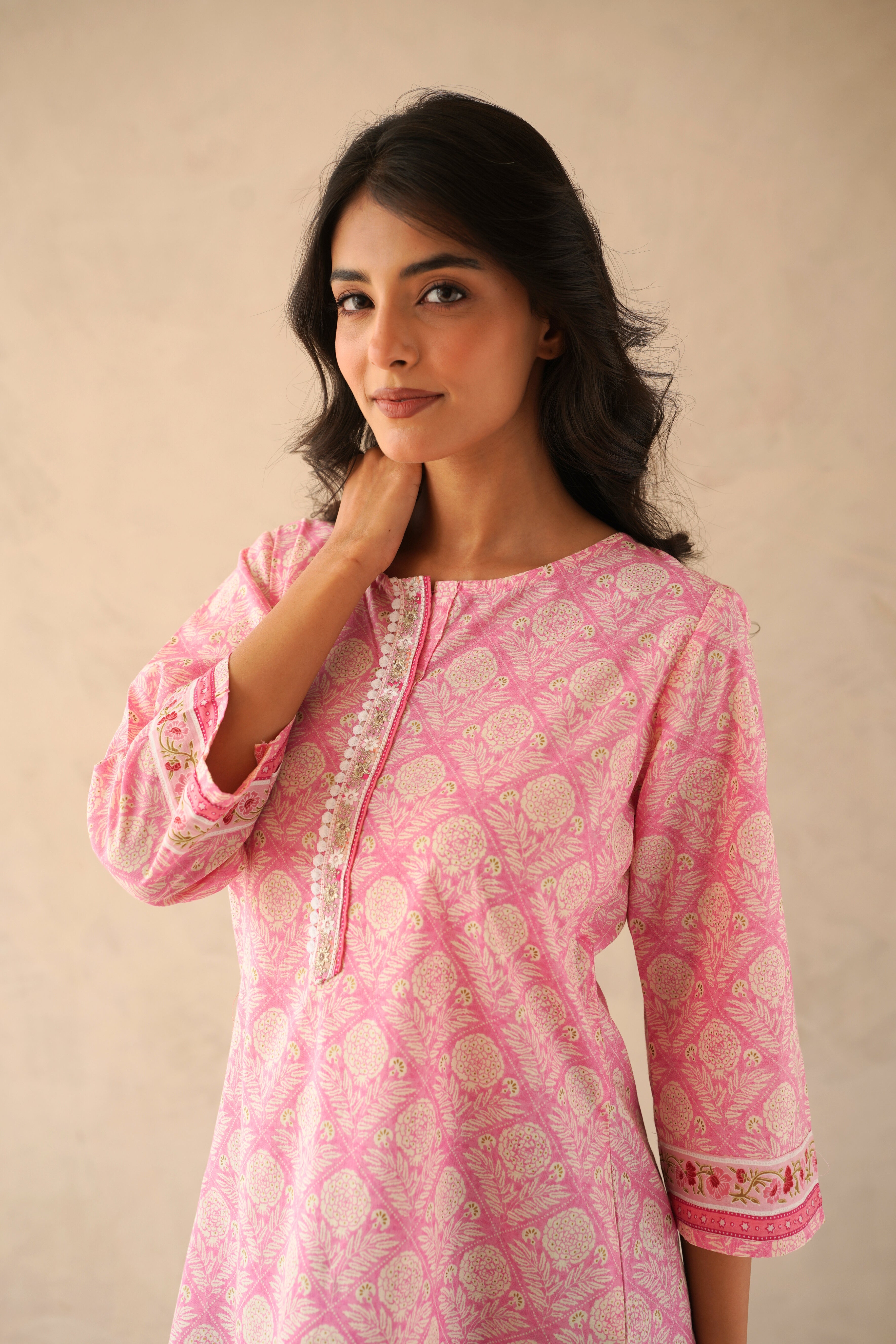 Pink Floral Printed Cotton Kurti
