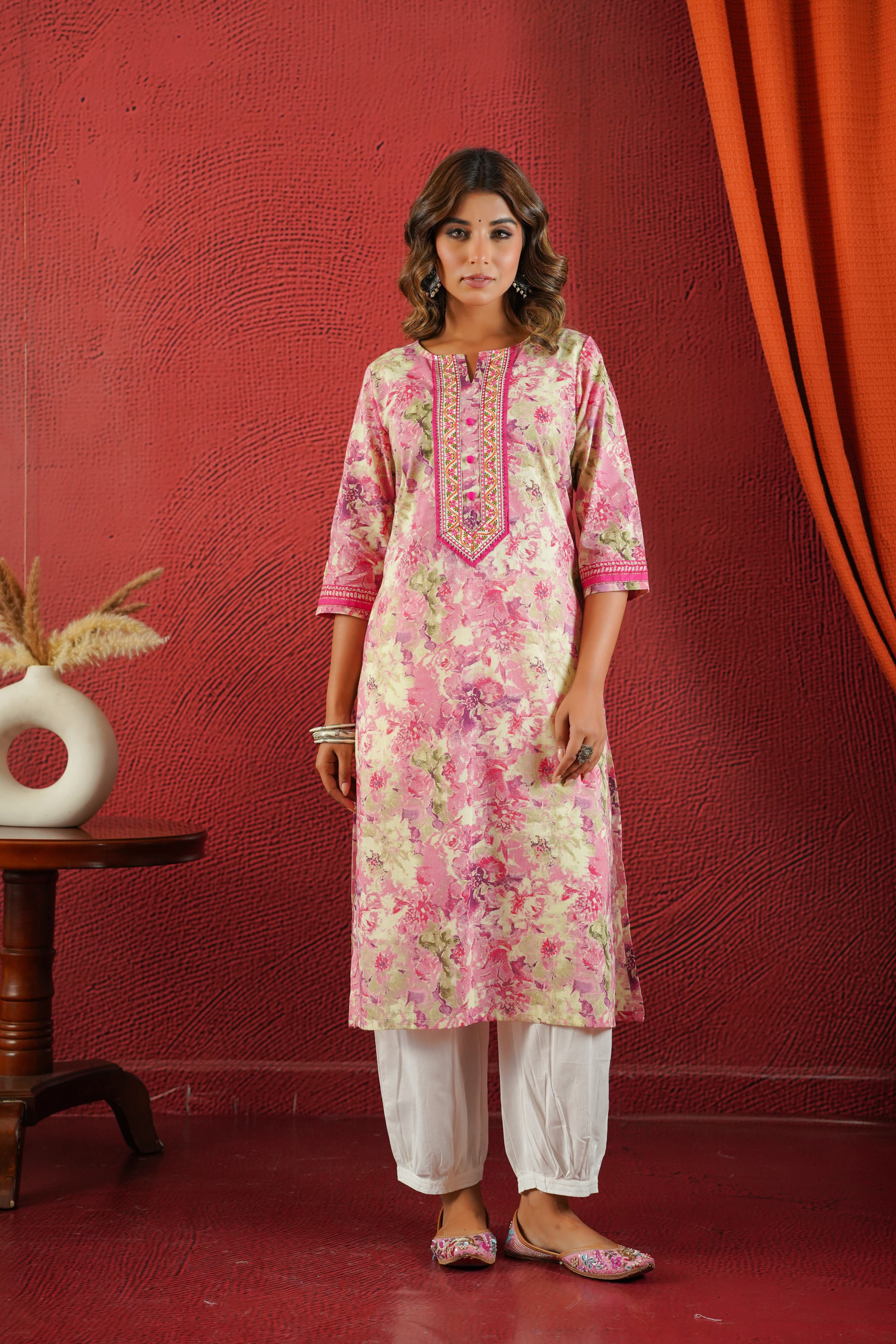 Pink Floral Printed Cotton Kurta