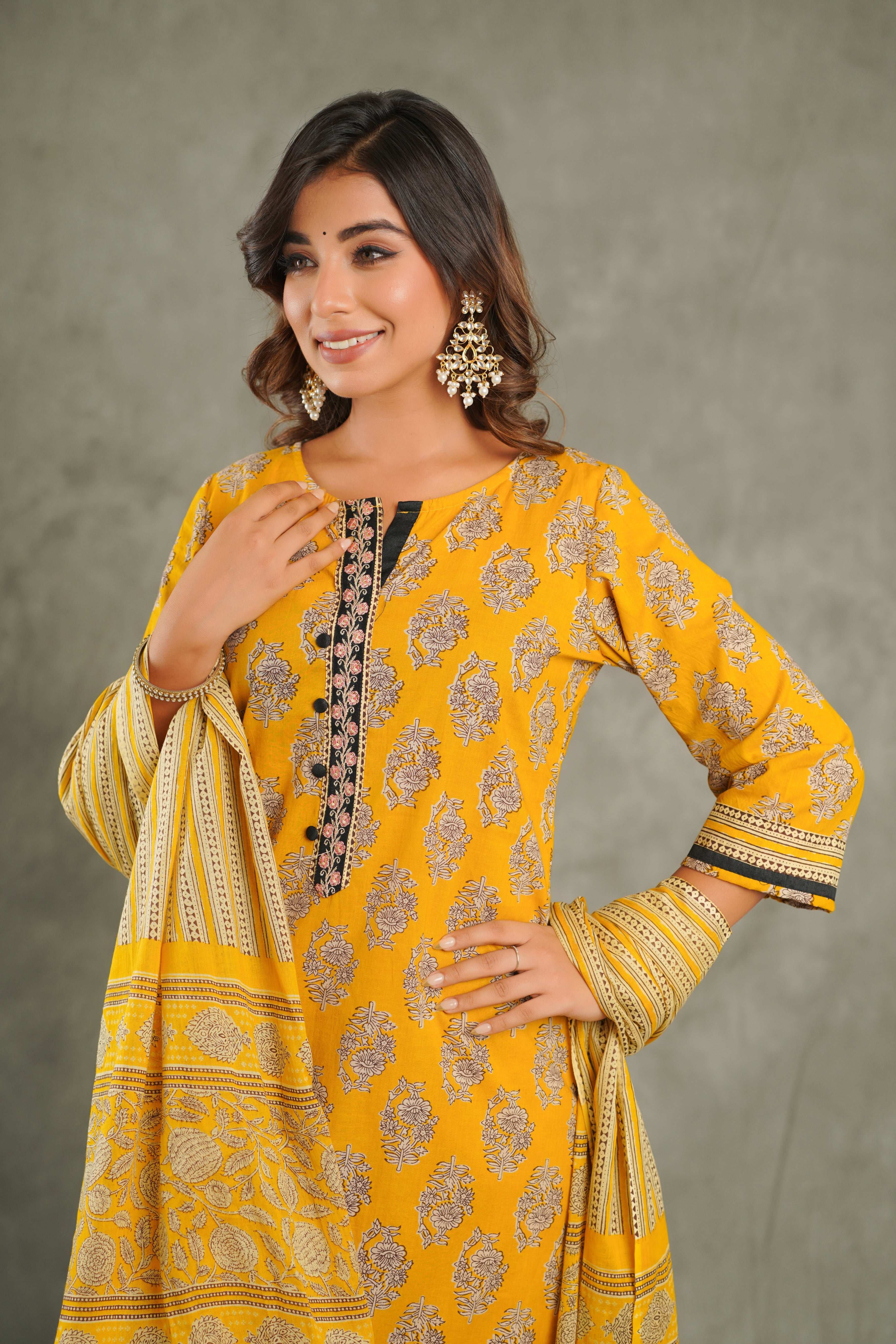 Mustard Motif Cotton Suit Set