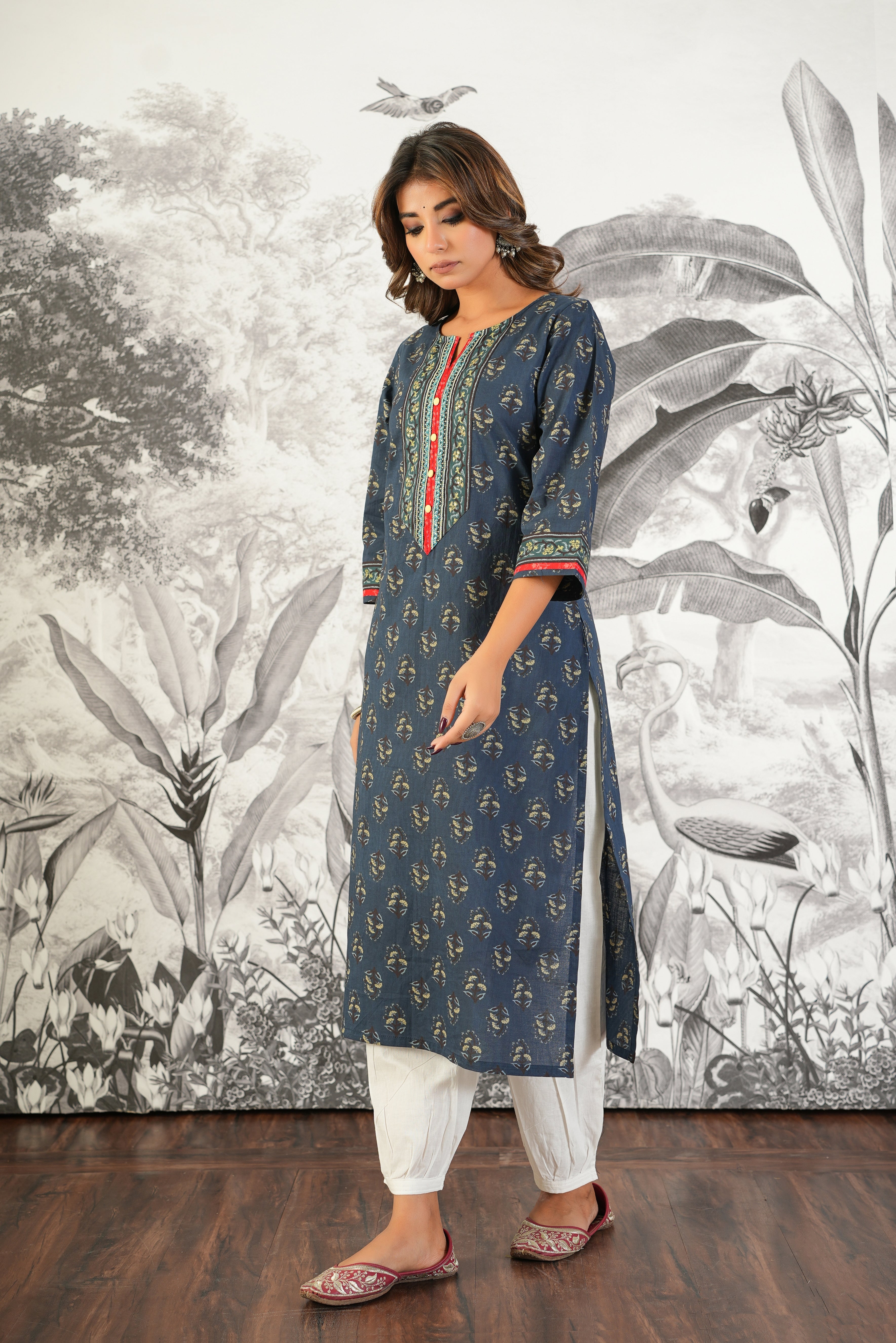 Blue Motif Printed Cotton Kurta