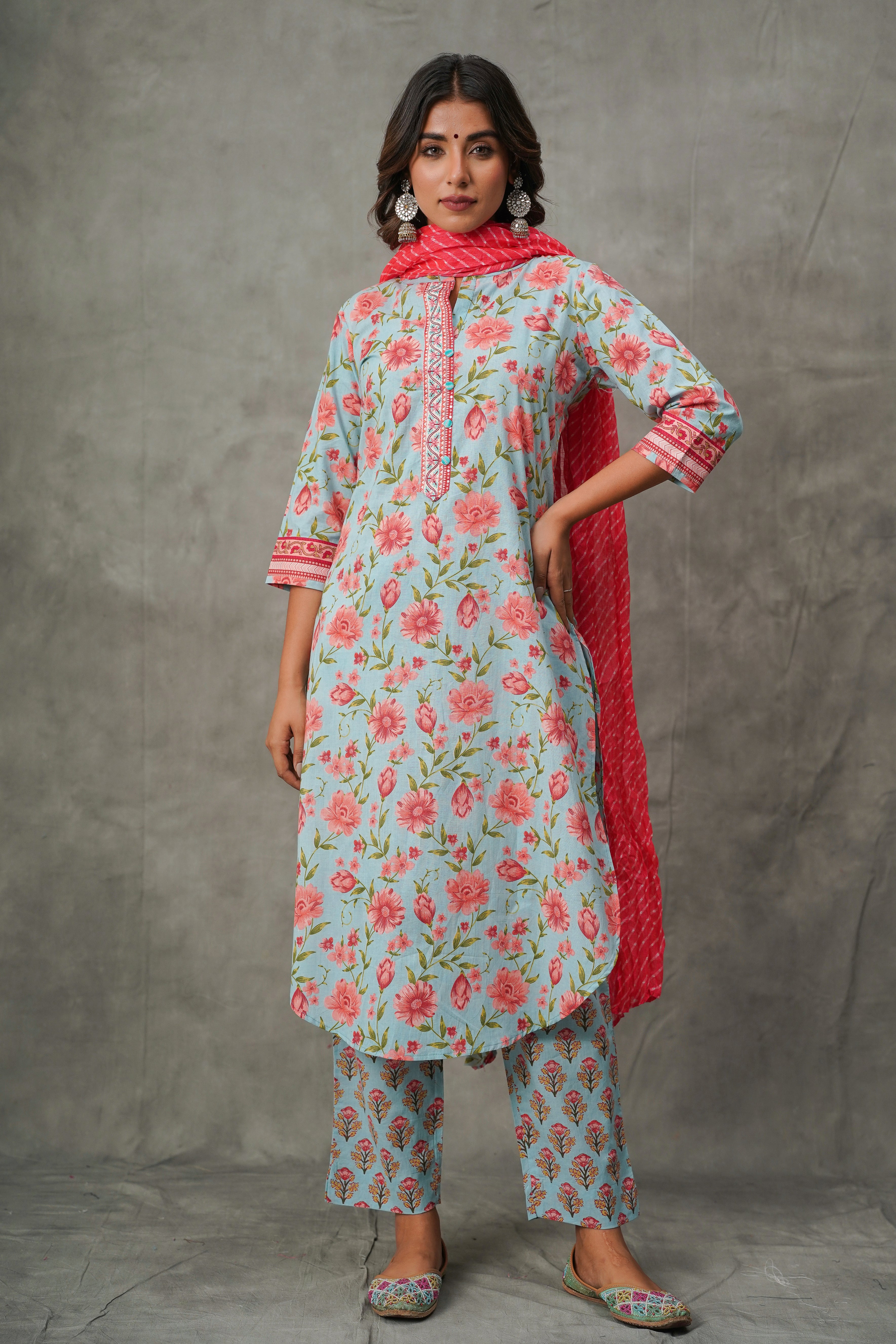 Blue Floral Cotton Suit Set