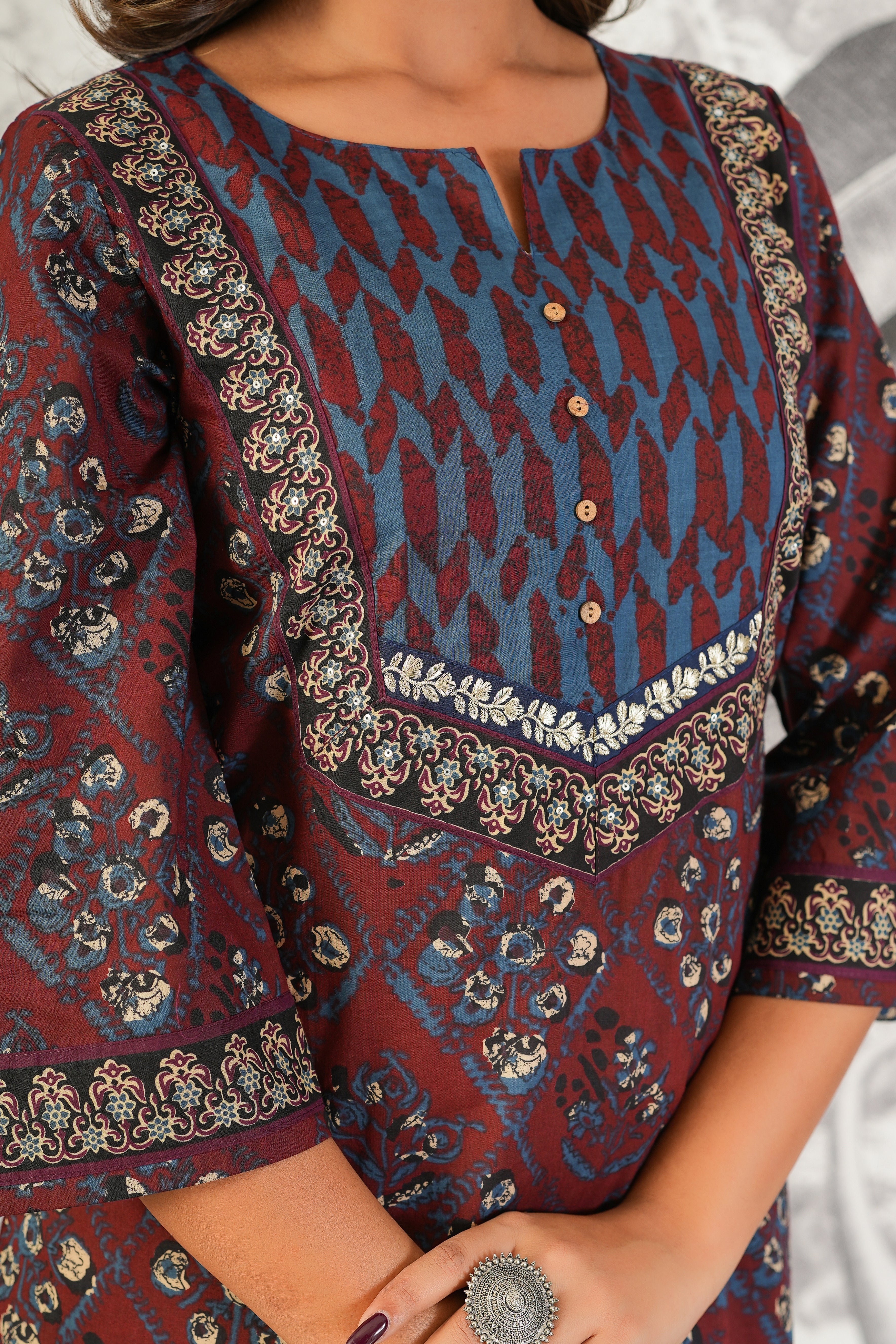 Maroon Motif Printed Cotton Kurta