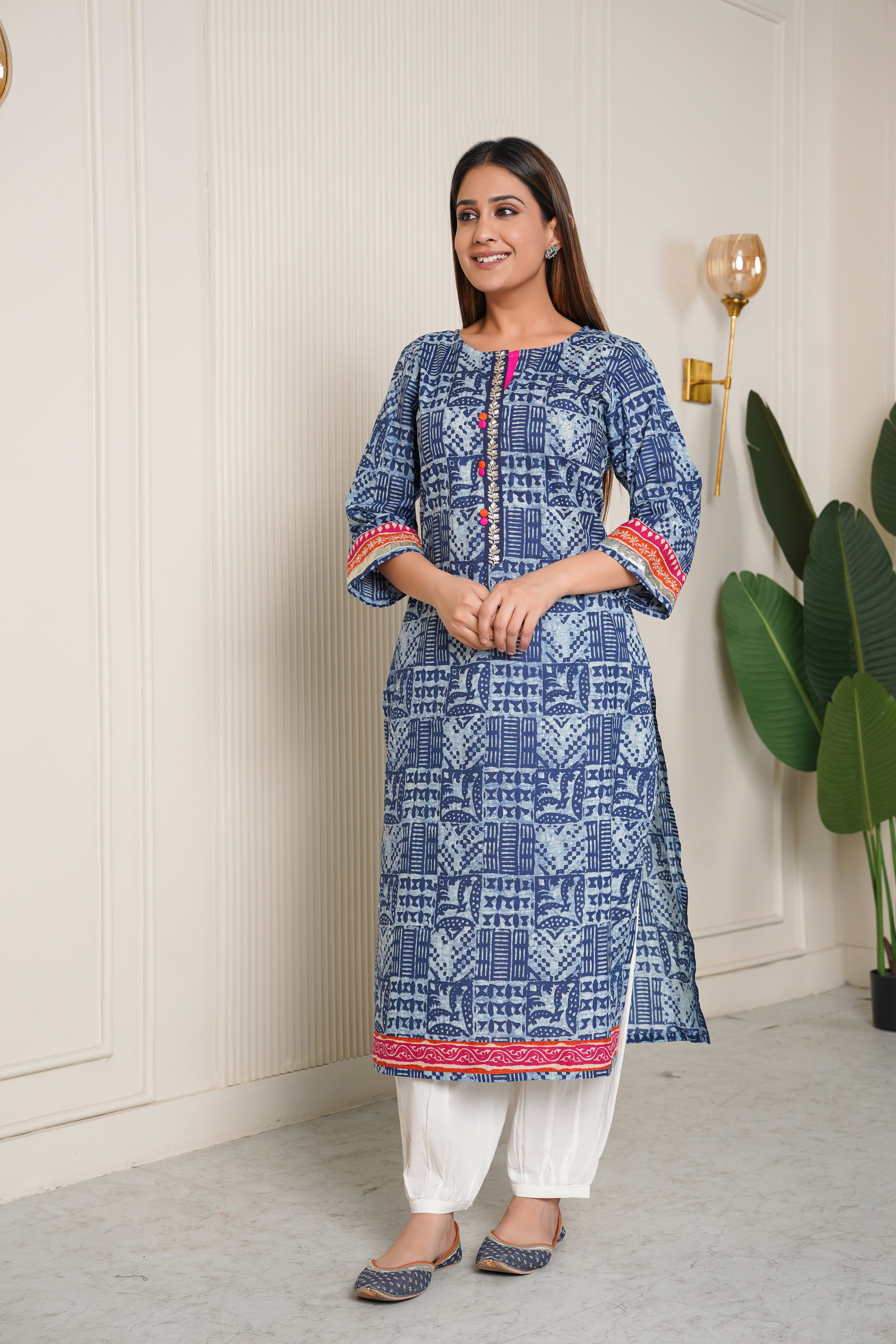 Indigo Geometric Printed Cotton Kurta