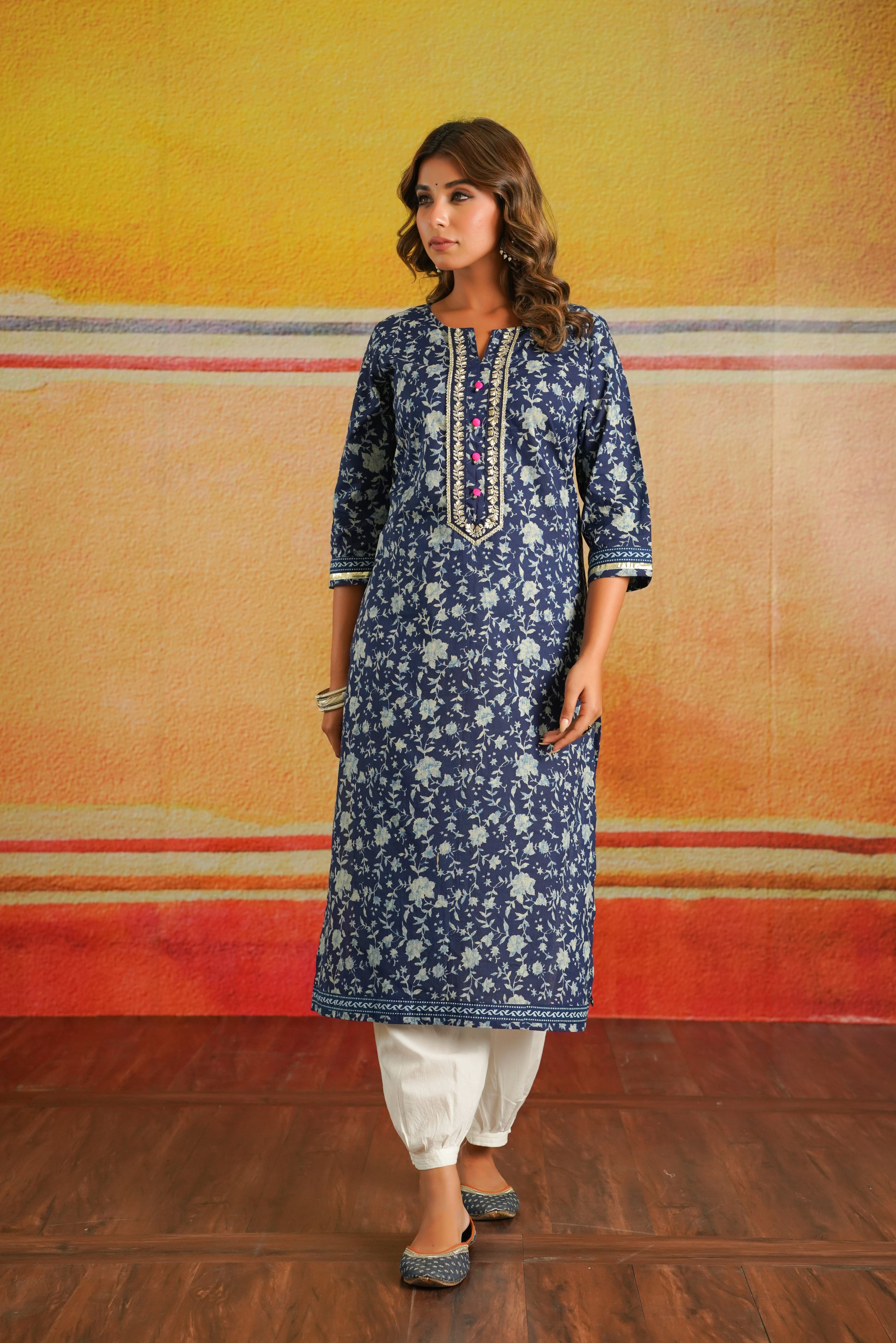 Indigo Floral Printed Cotton Kurta
