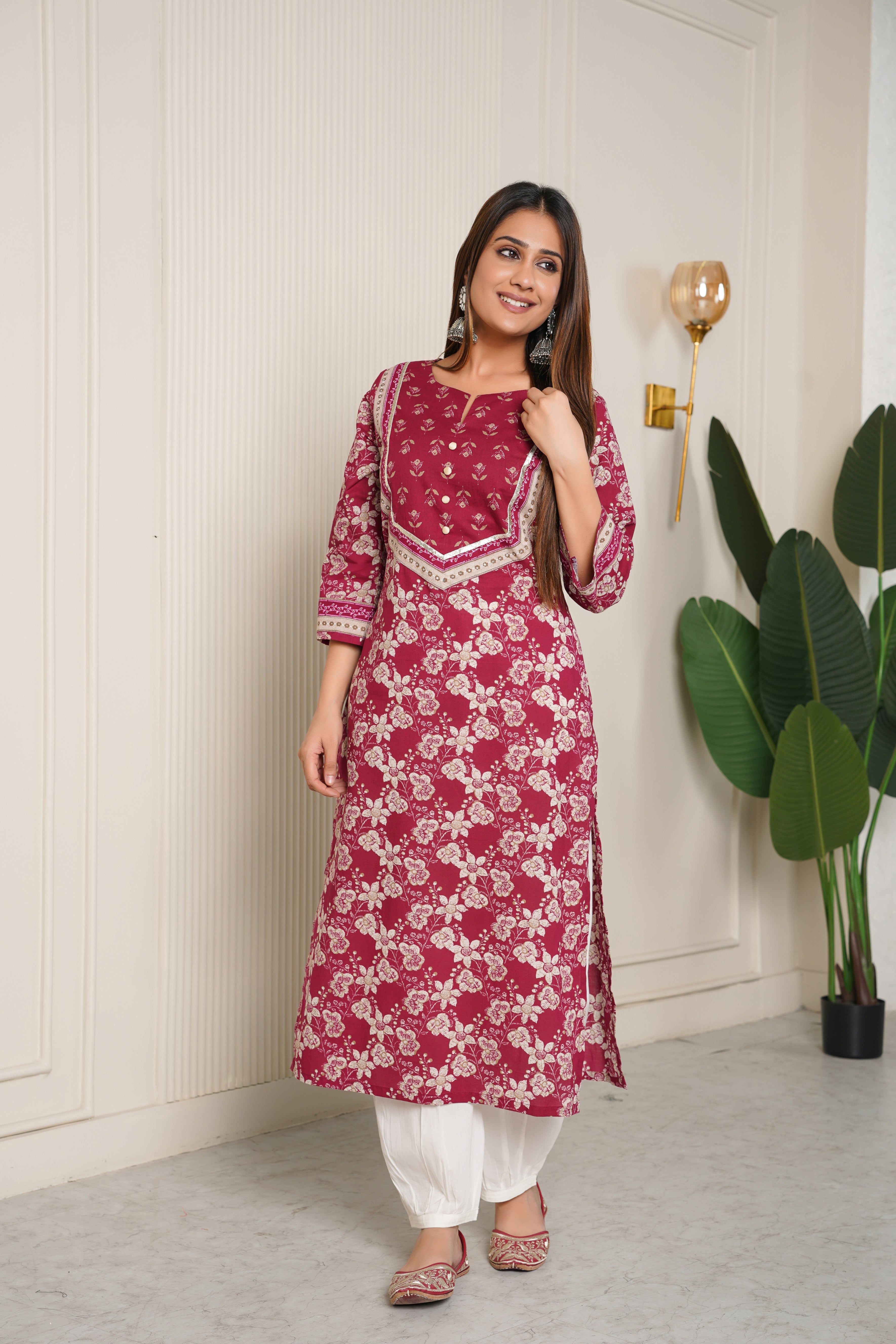 Maroon Floral Printed Cotton Kurta