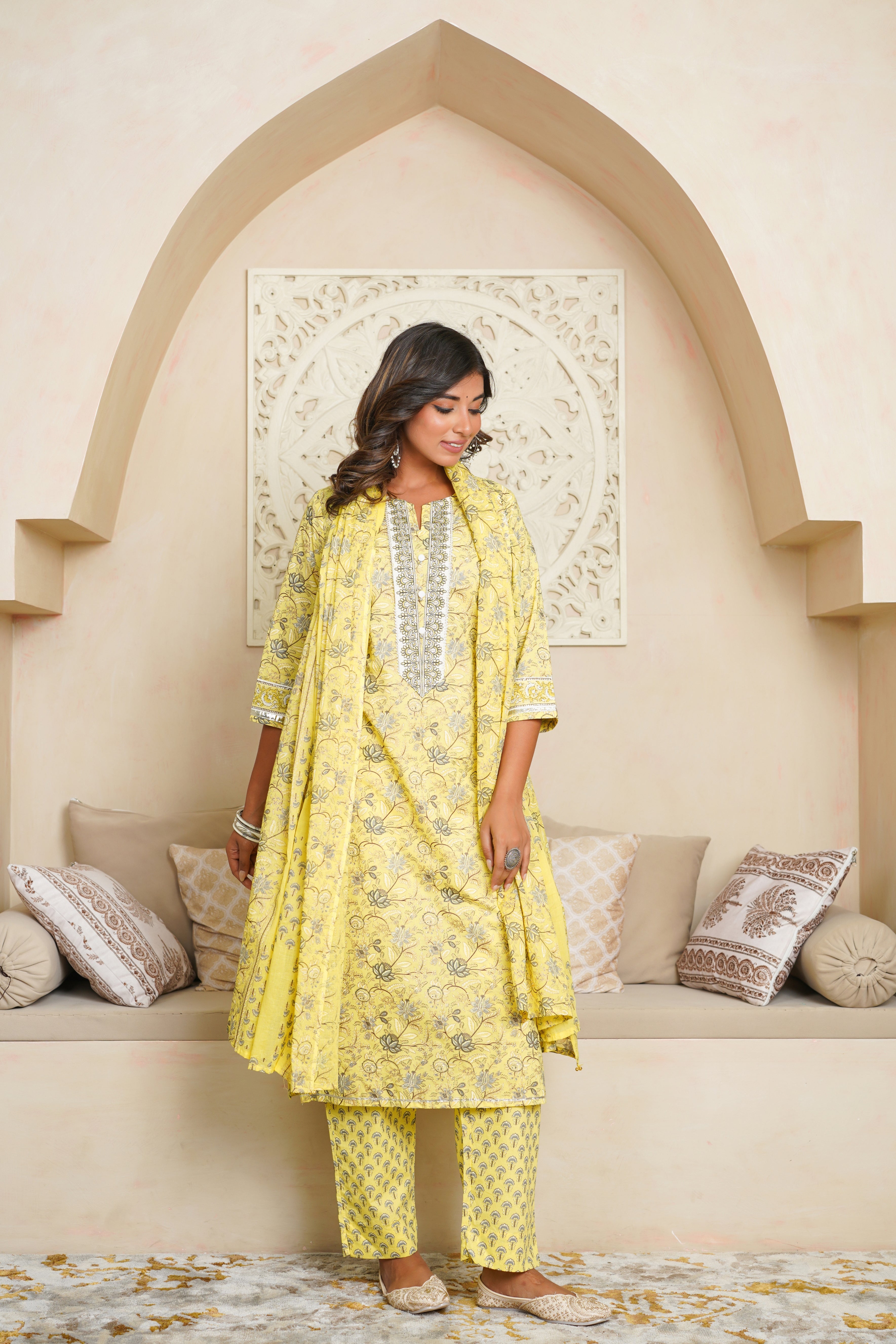 Lemon Floral Printed Cotton Suit Set