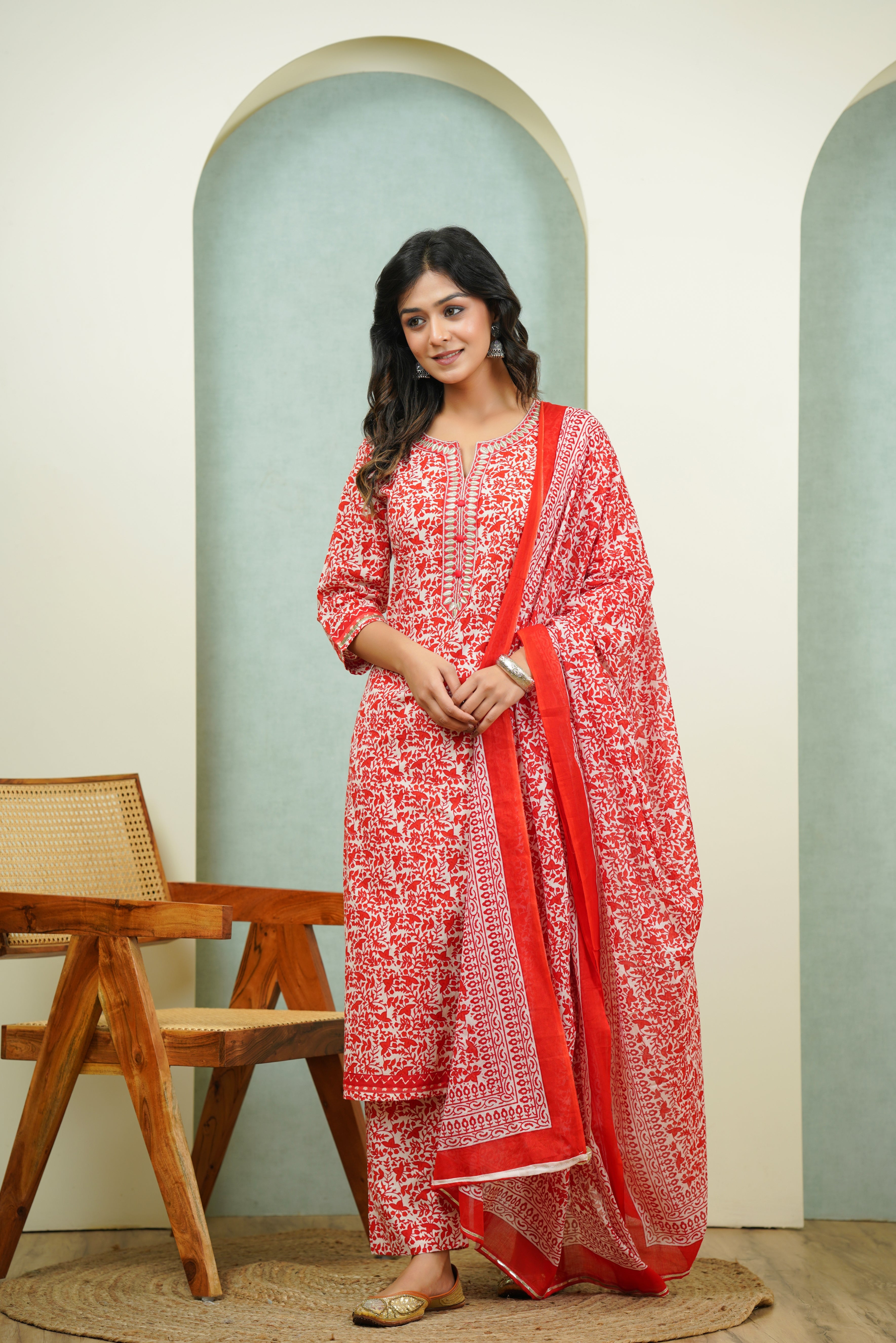 Red Floral Cotton Suit Set