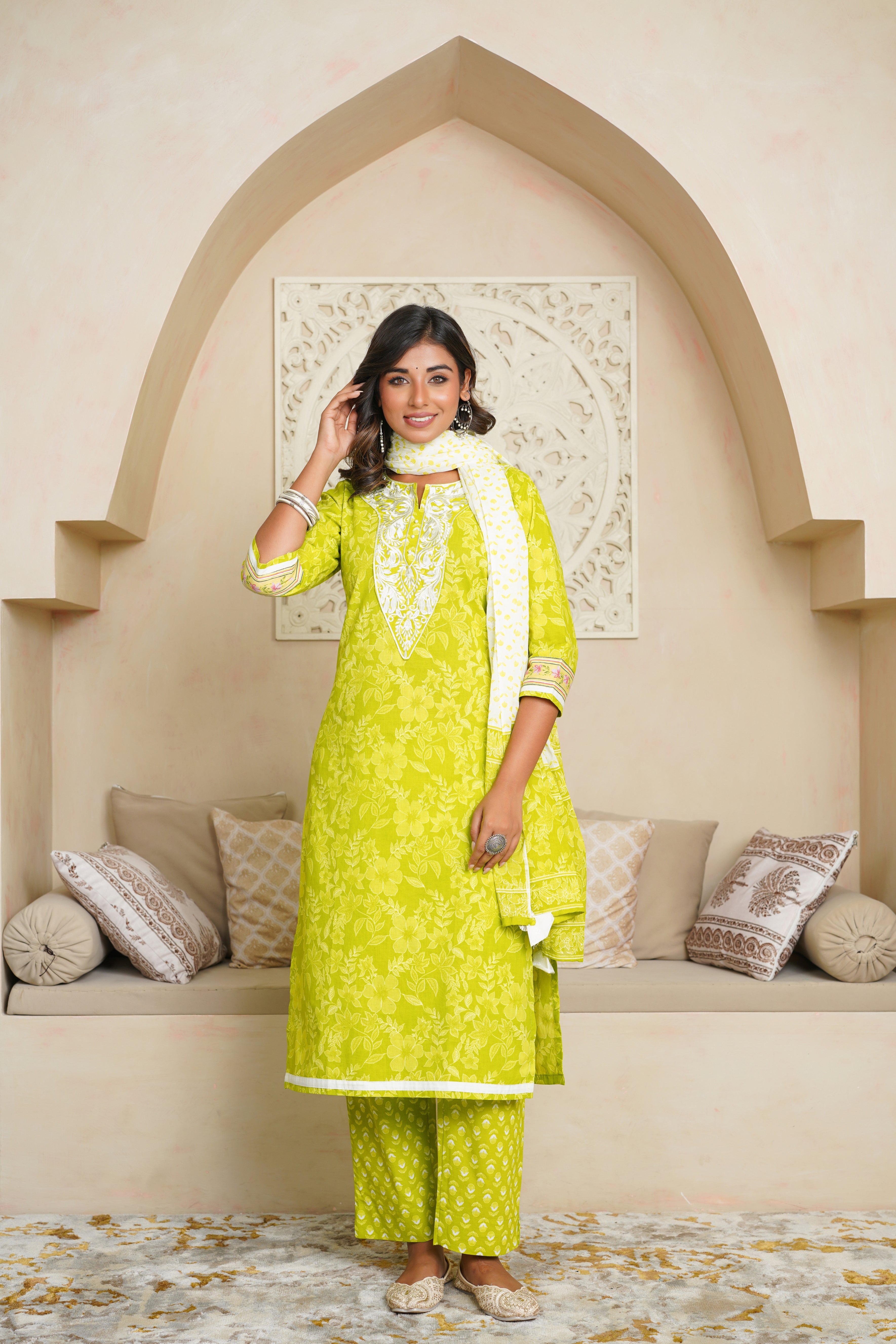 Green Floral Cotton Suit Set