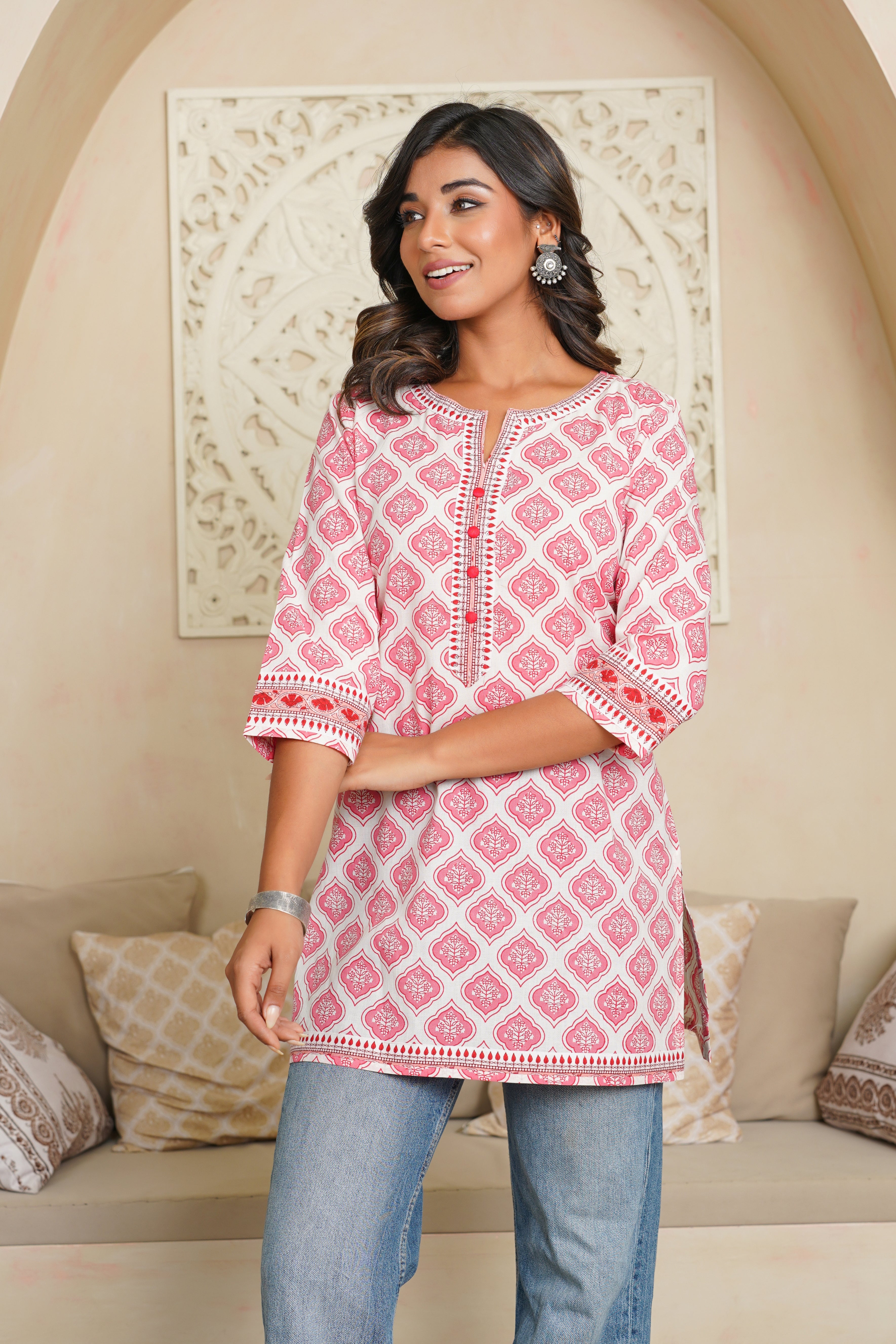 Pink Motif Printed Cotton Kurti