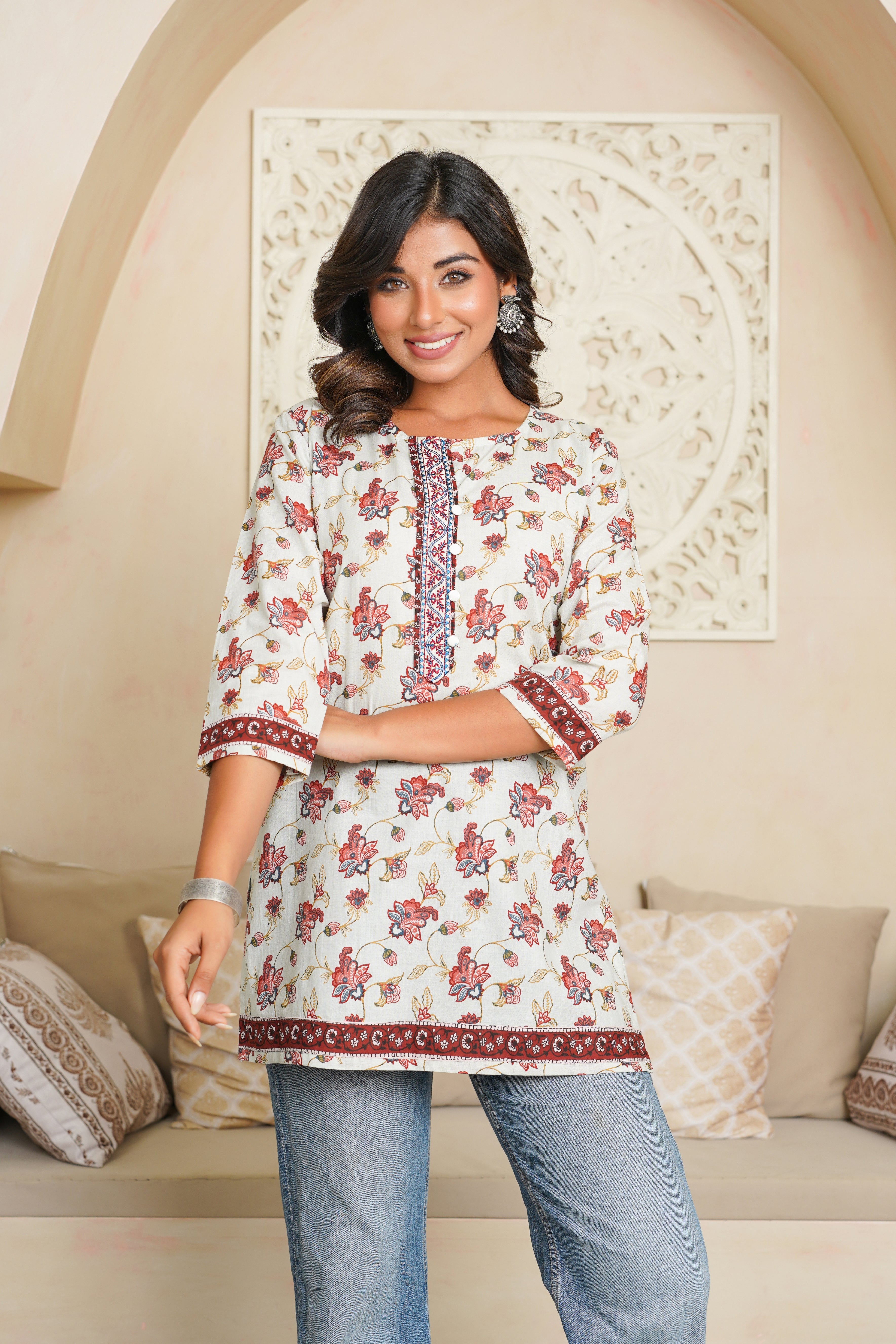 Grey Floral Printed Cotton Kurti