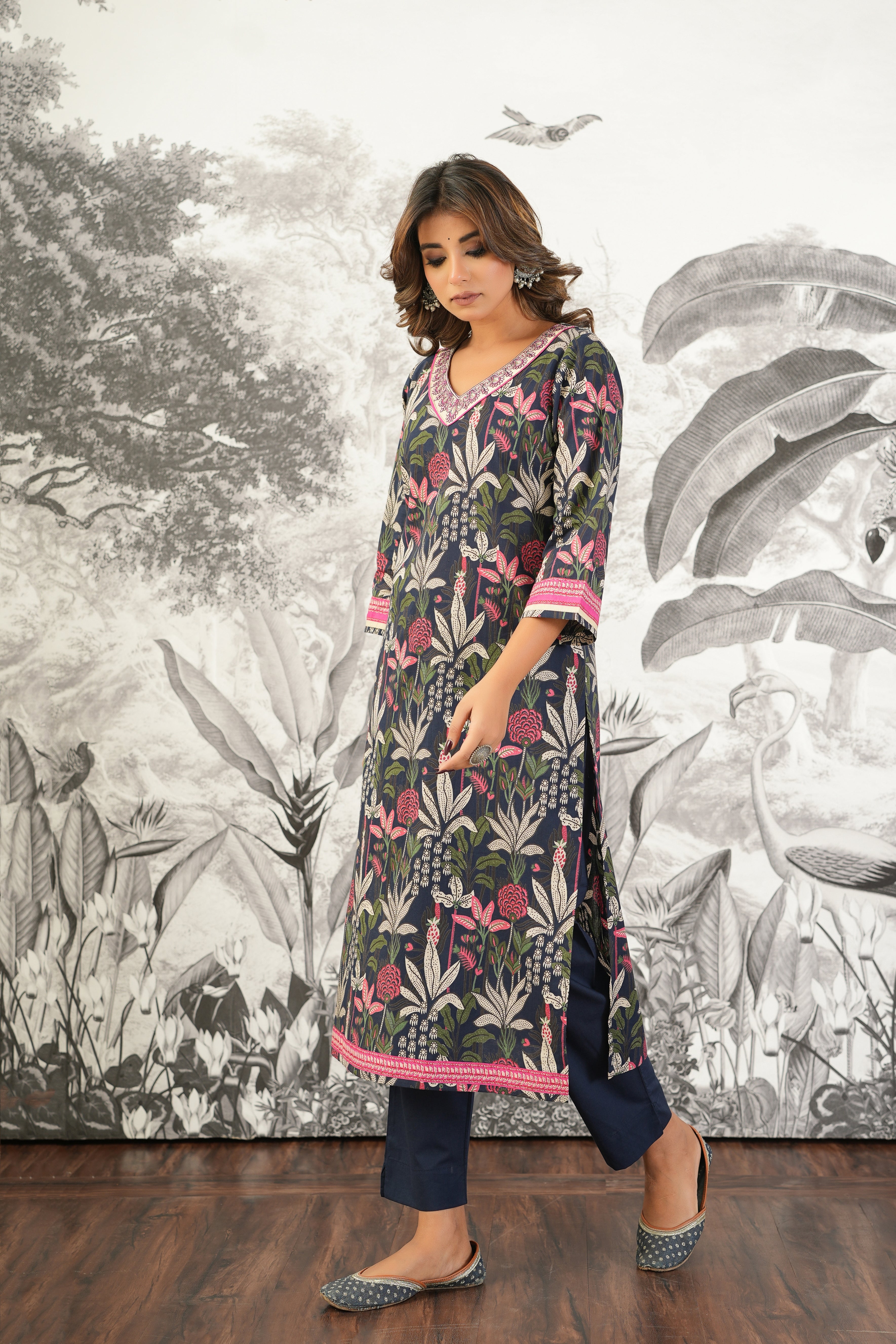 Blue Floral Printed Cotton Suit Set