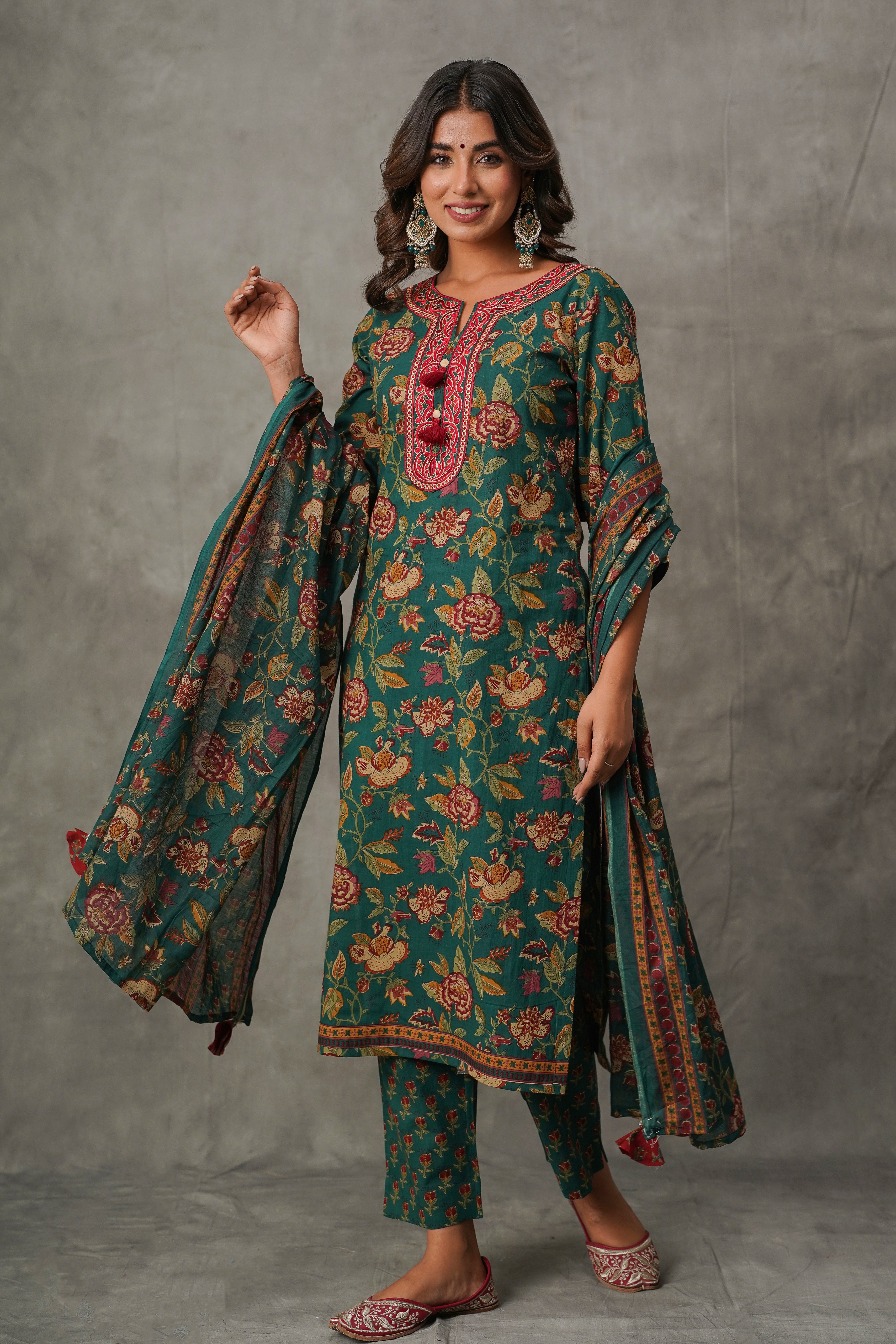 Green Floral Cotton Suit Set