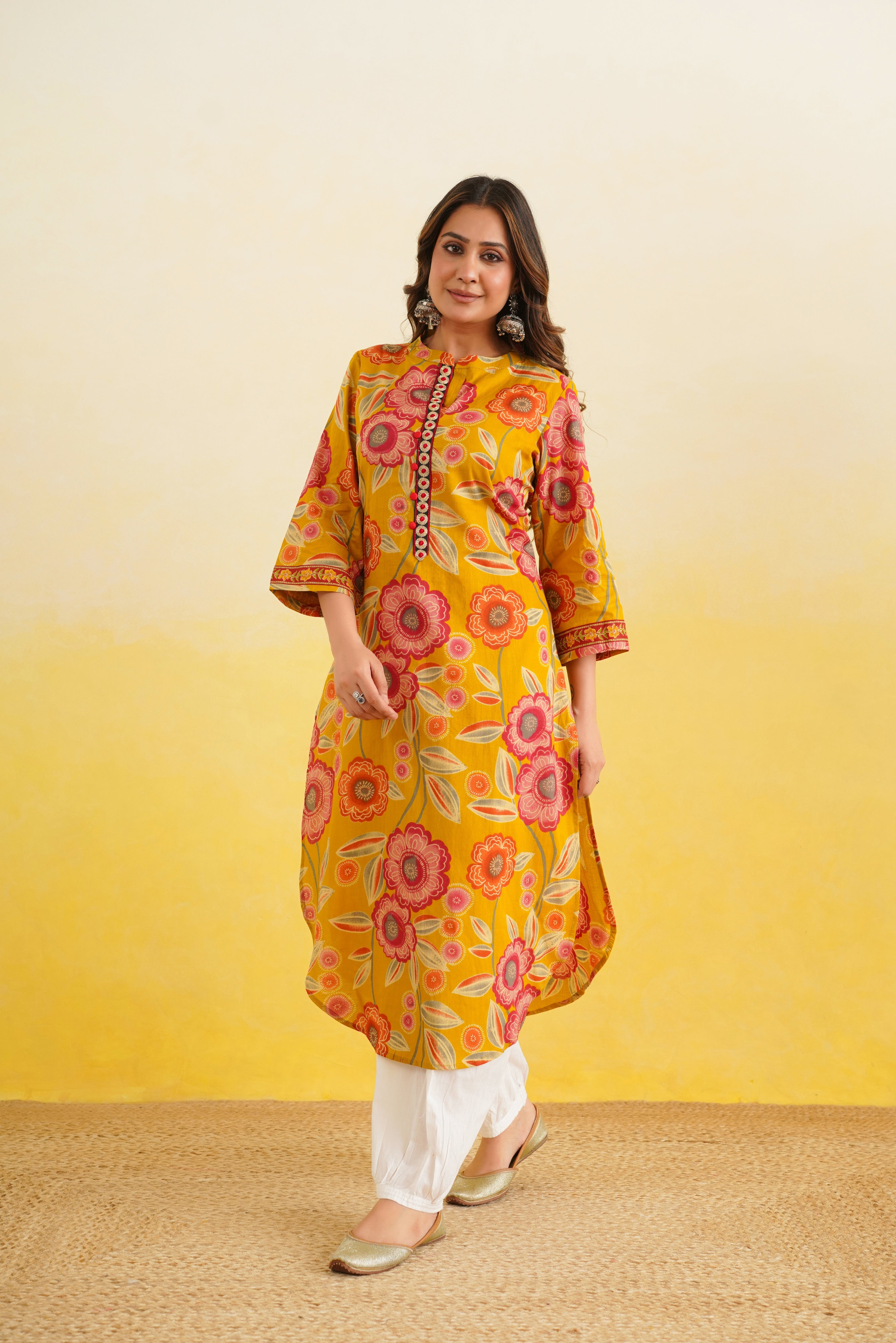 Mustard Floral Cotton Printed Kurta
