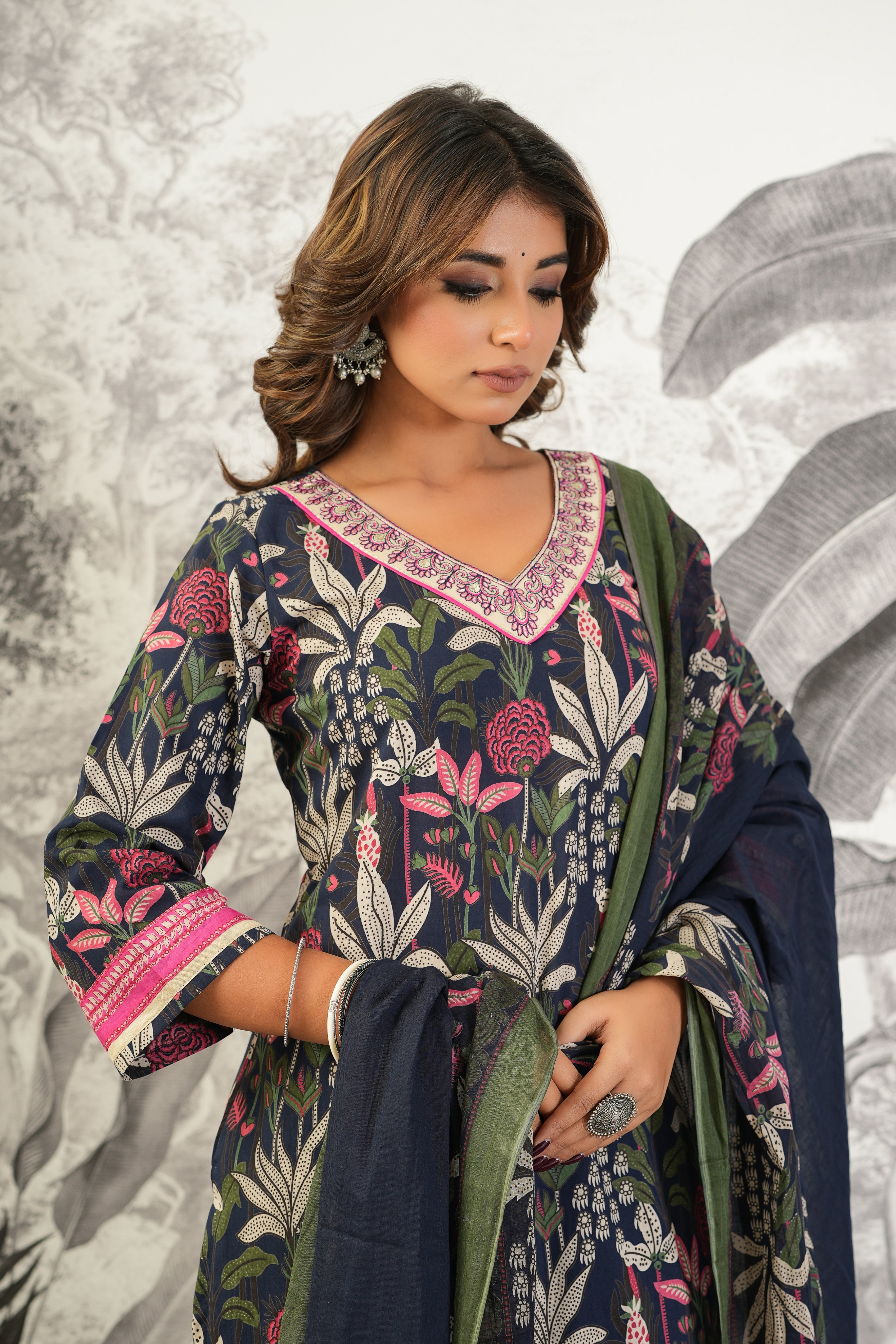 Blue Floral Printed Cotton Suit Set