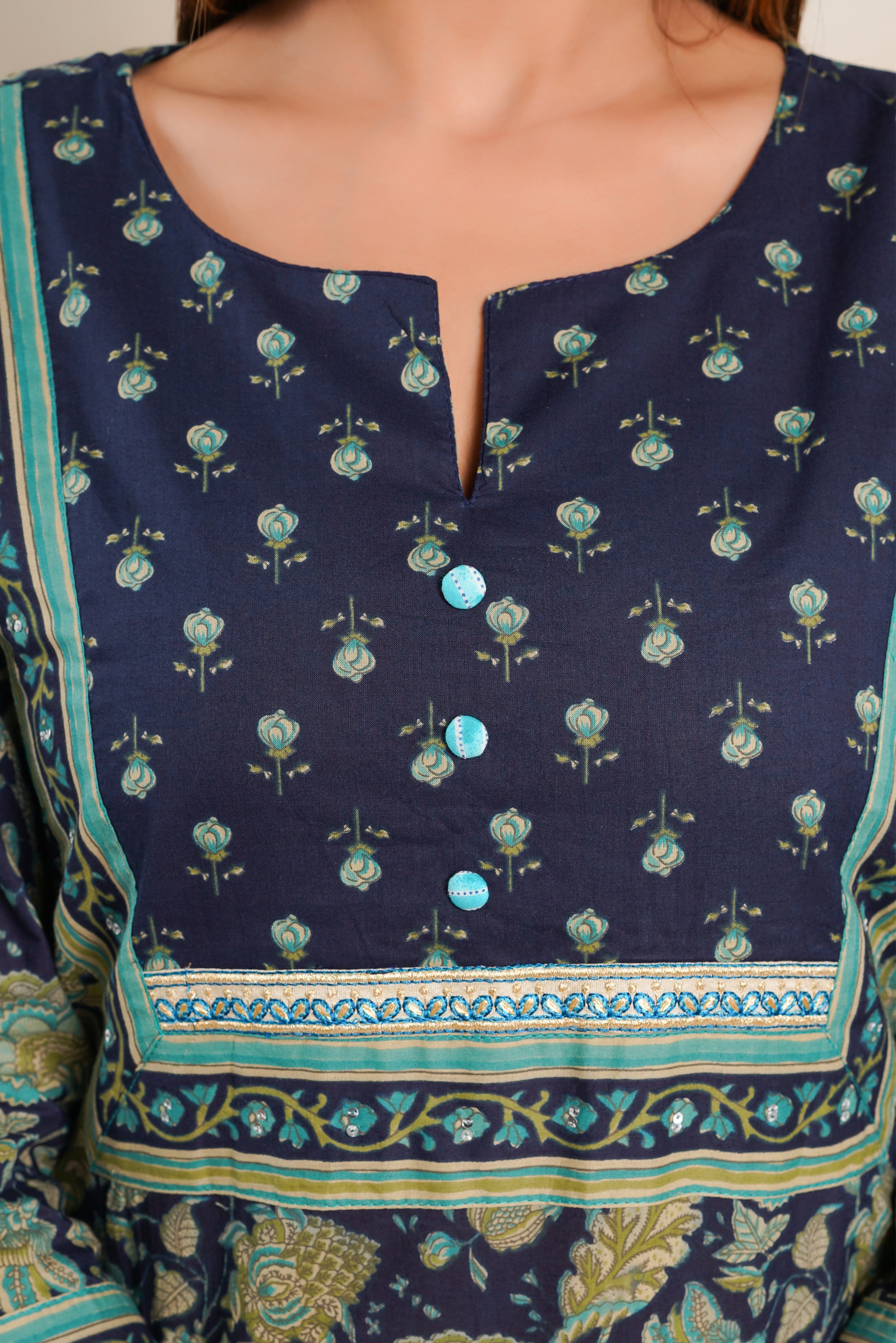 Blue Floral Printed Cotton Kurta