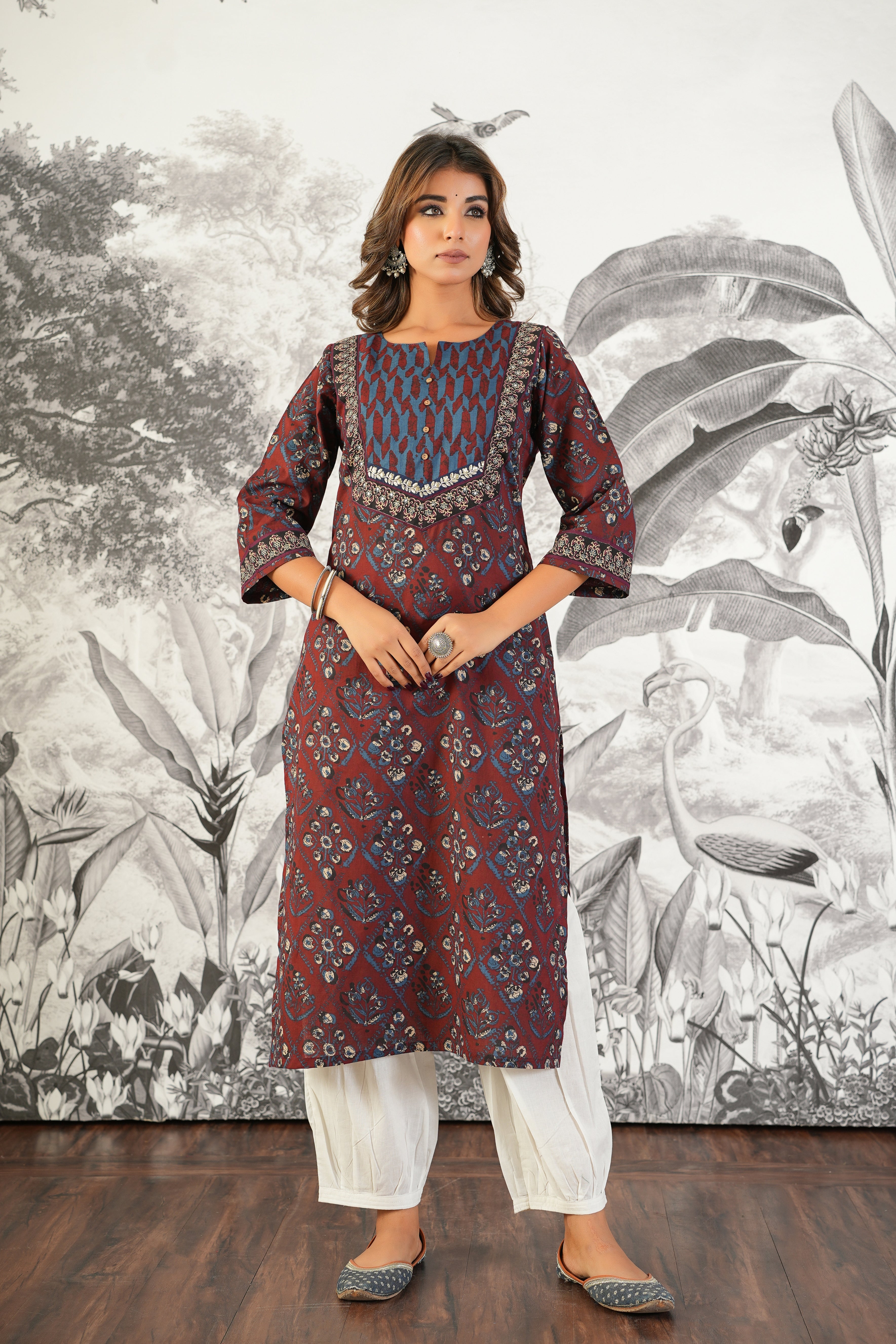 Maroon Motif Printed Cotton Kurta