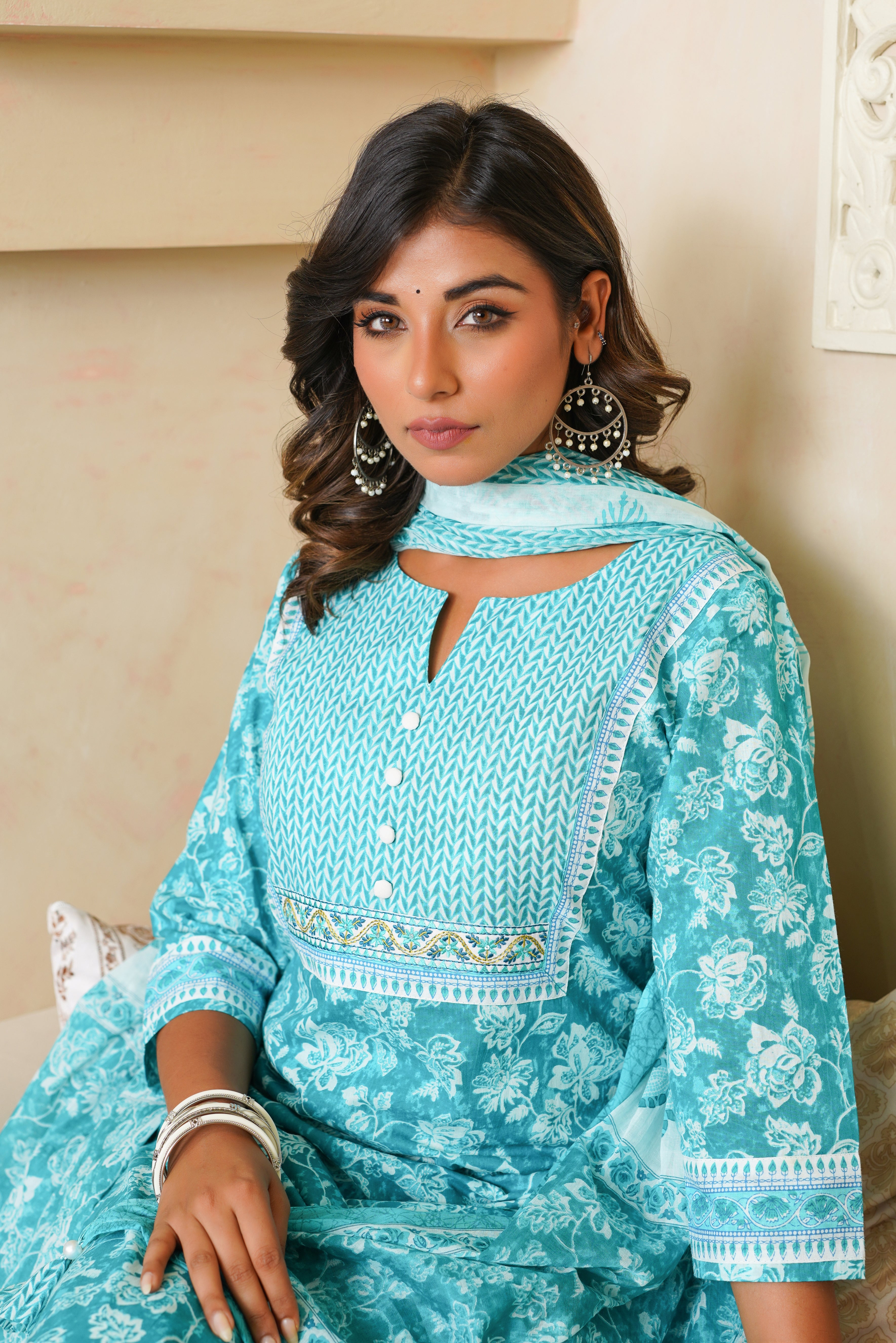 Turquoise Floral Cotton Suit Set