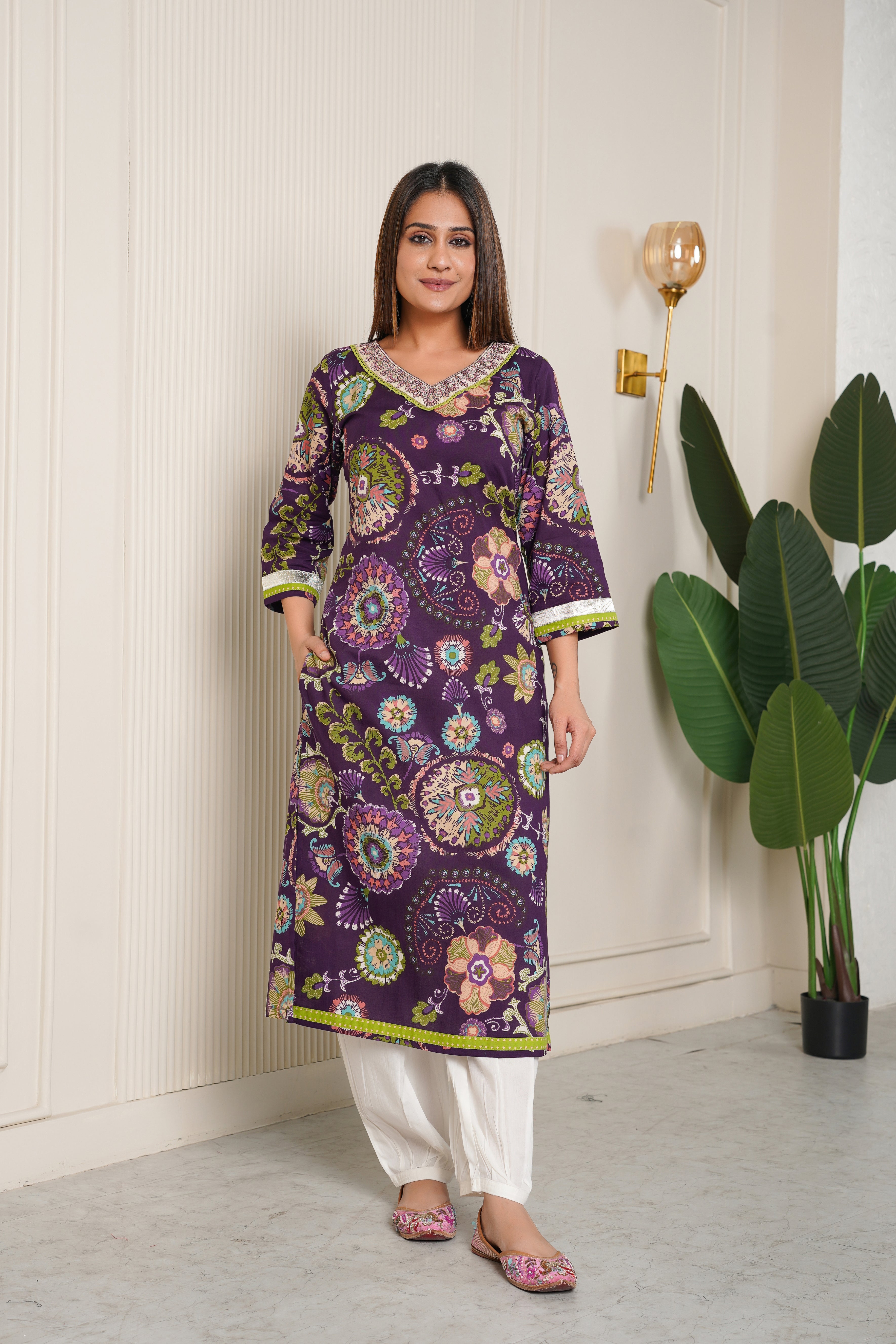 Violet Embroidered Floral Printed Cotton Kurta