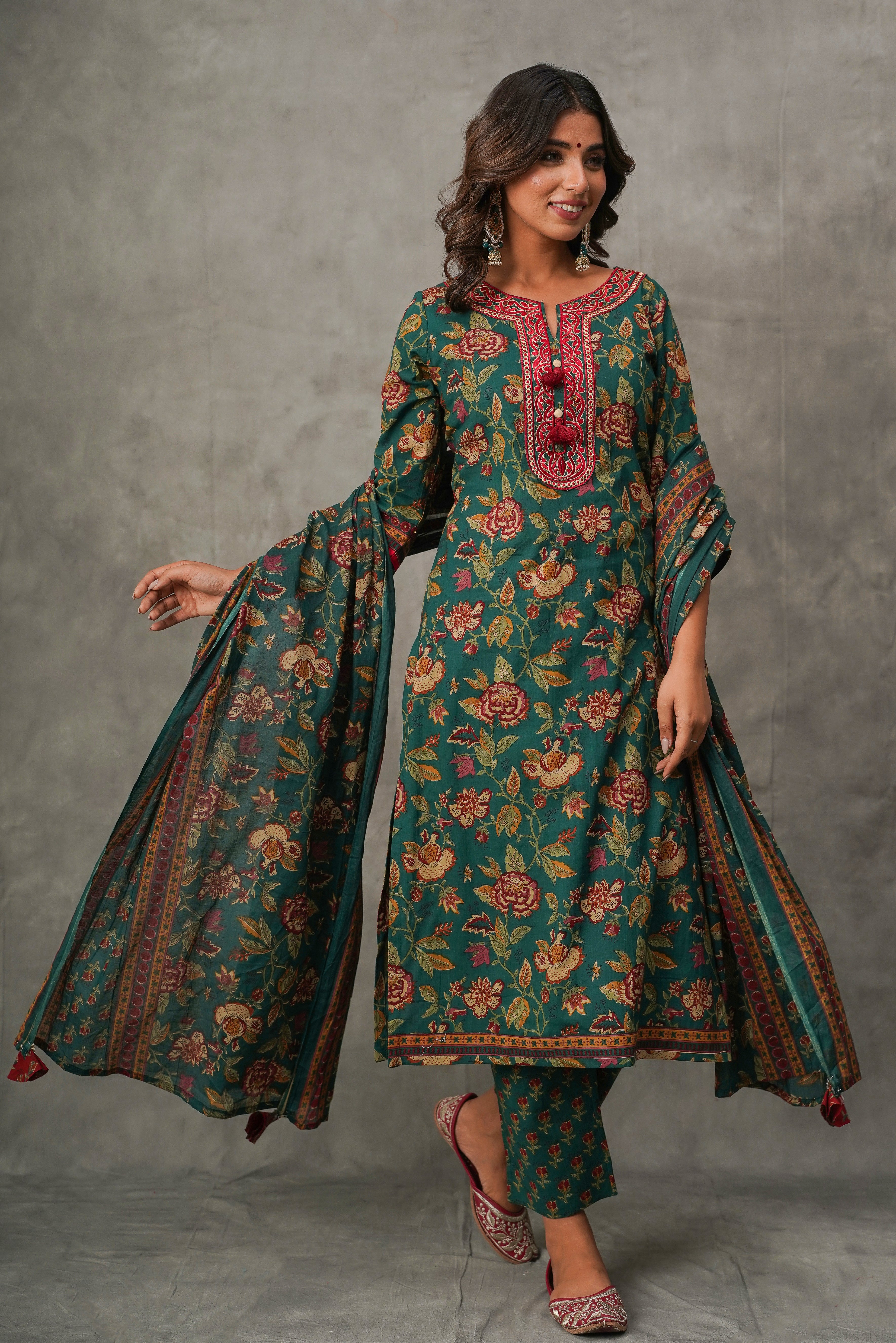 Green Floral Cotton Suit Set