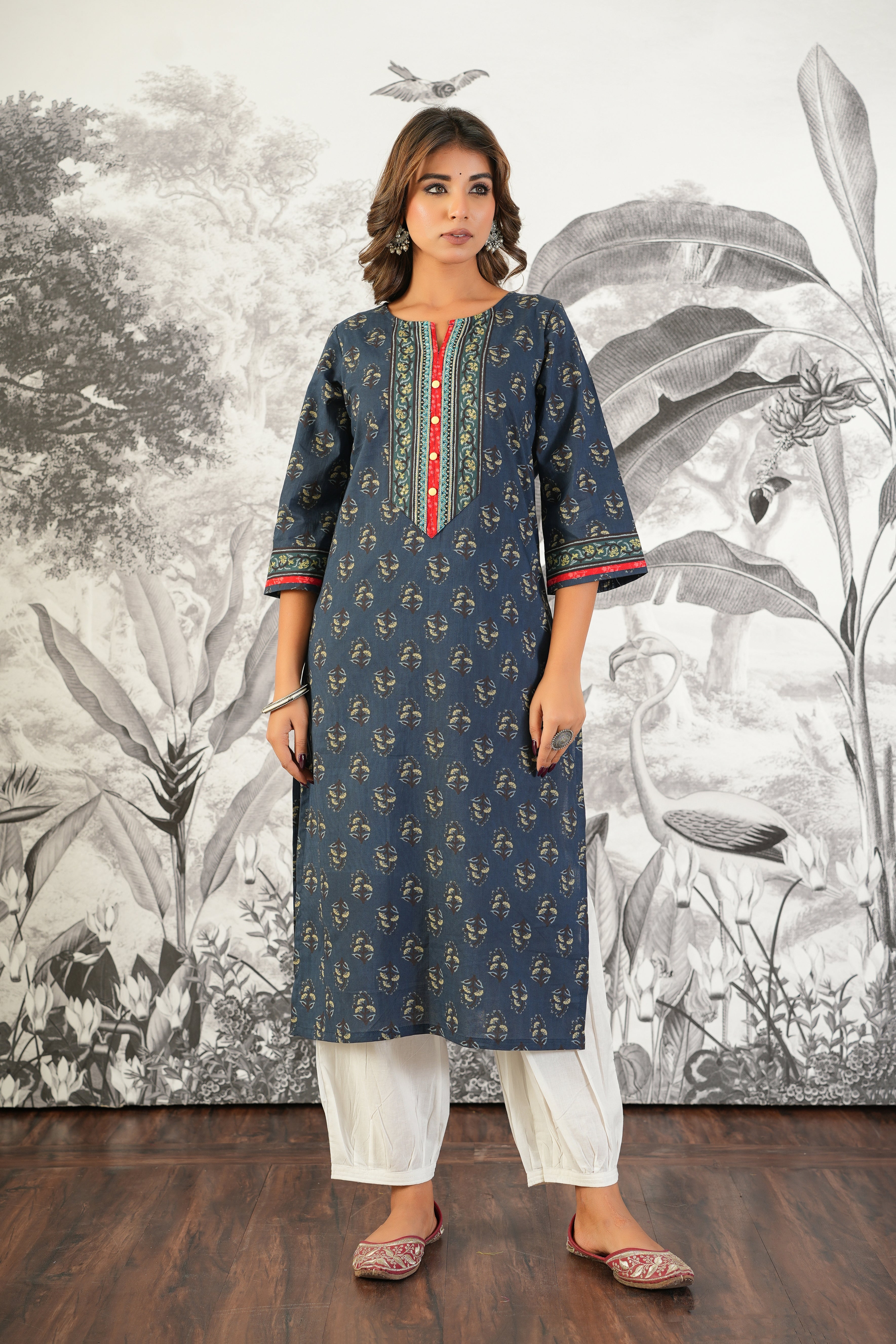 Blue Motif Printed Cotton Kurta