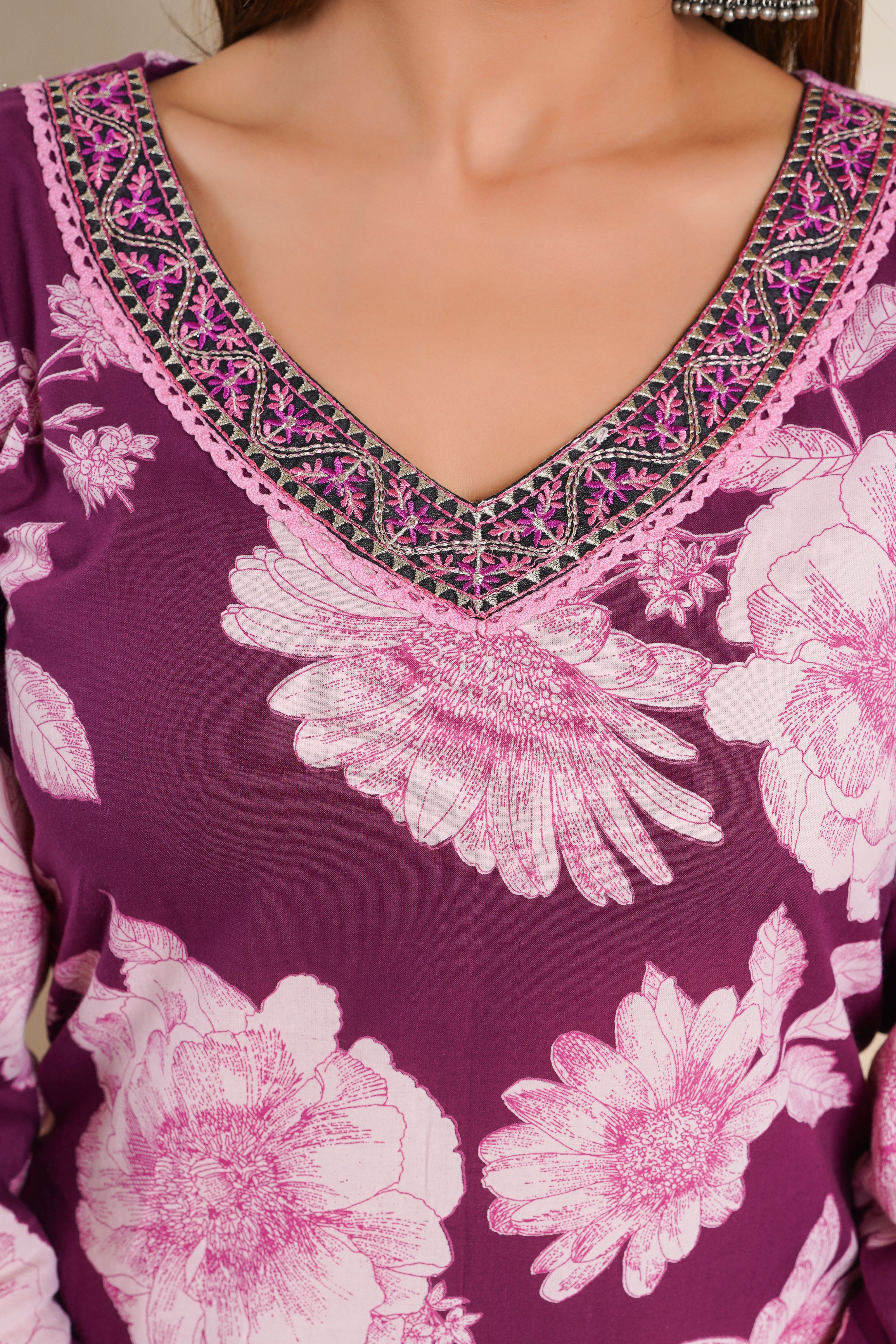 Purple Embroidered Floral Printed Cotton Kurta