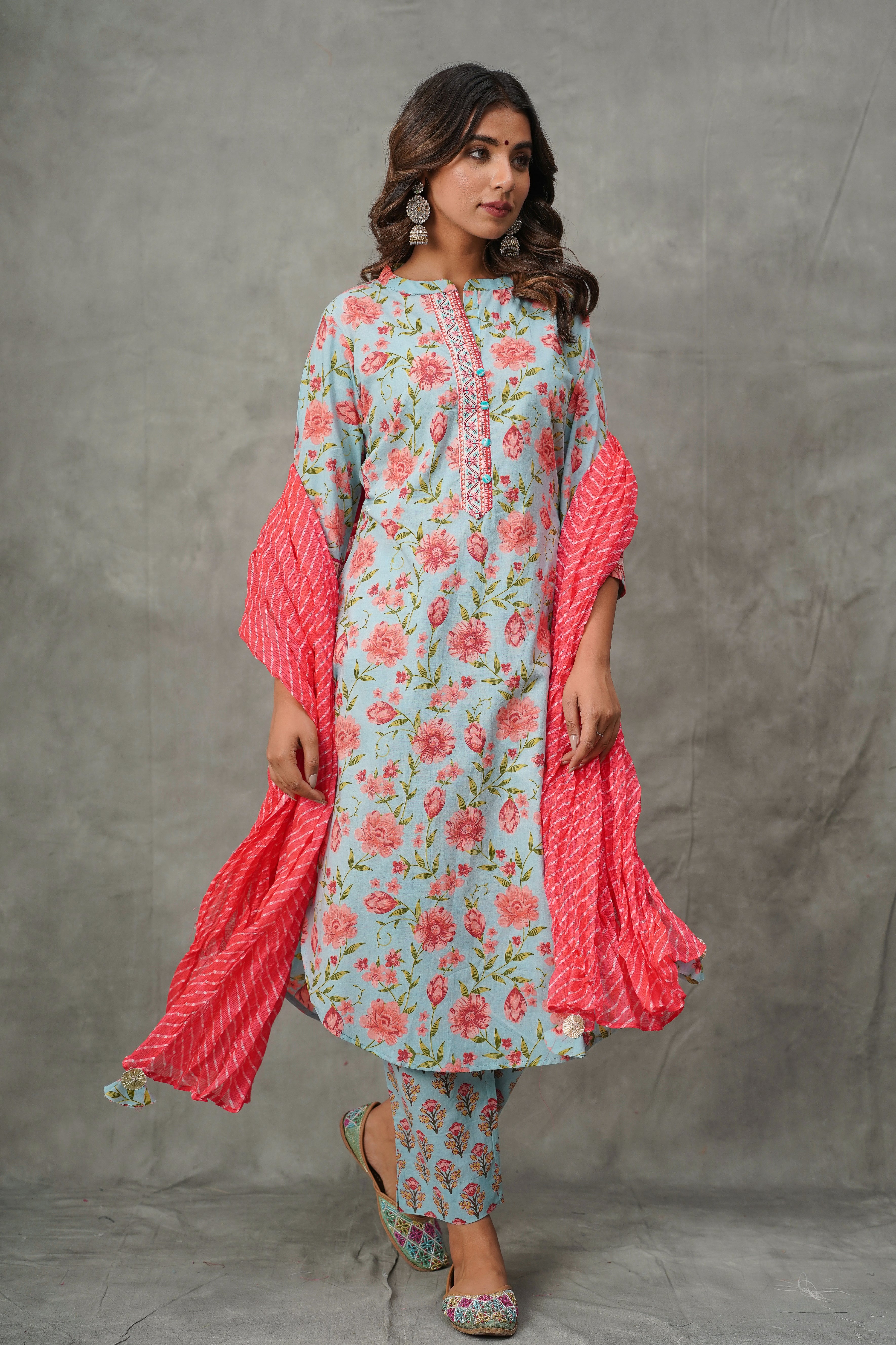 Blue Floral Cotton Suit Set