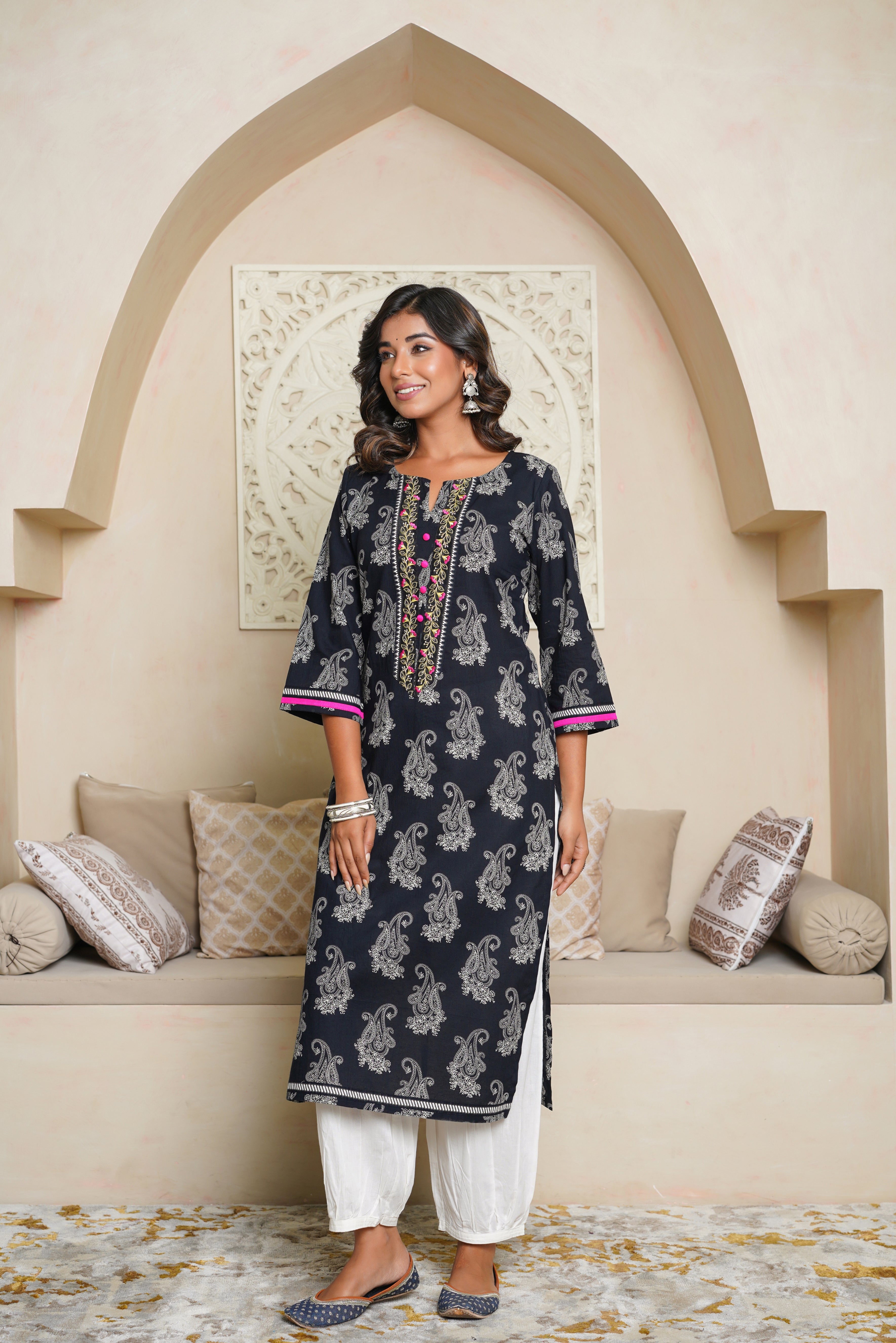 Black Motif Printed Cotton Kurta