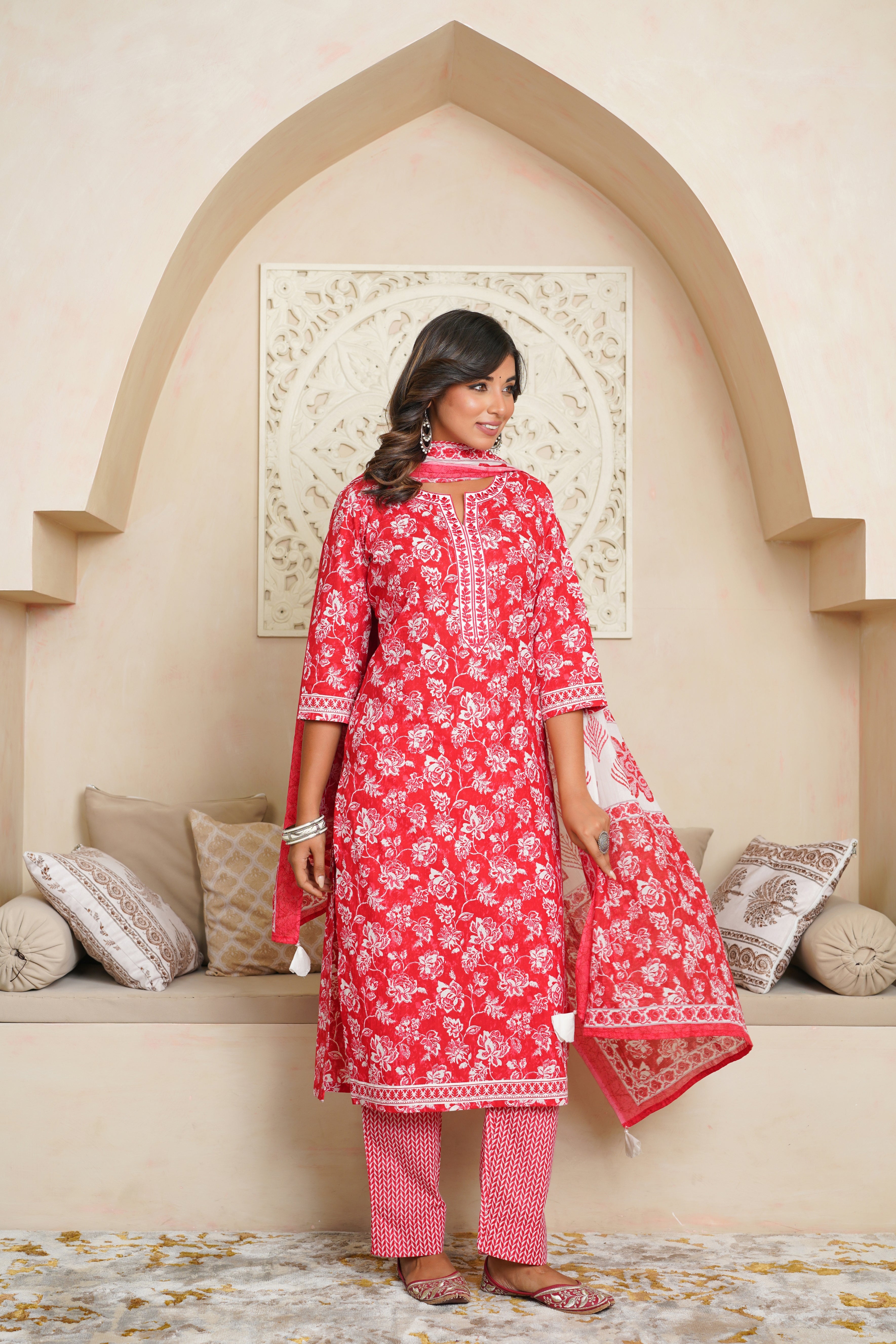 Red Floral Cotton Suit Set