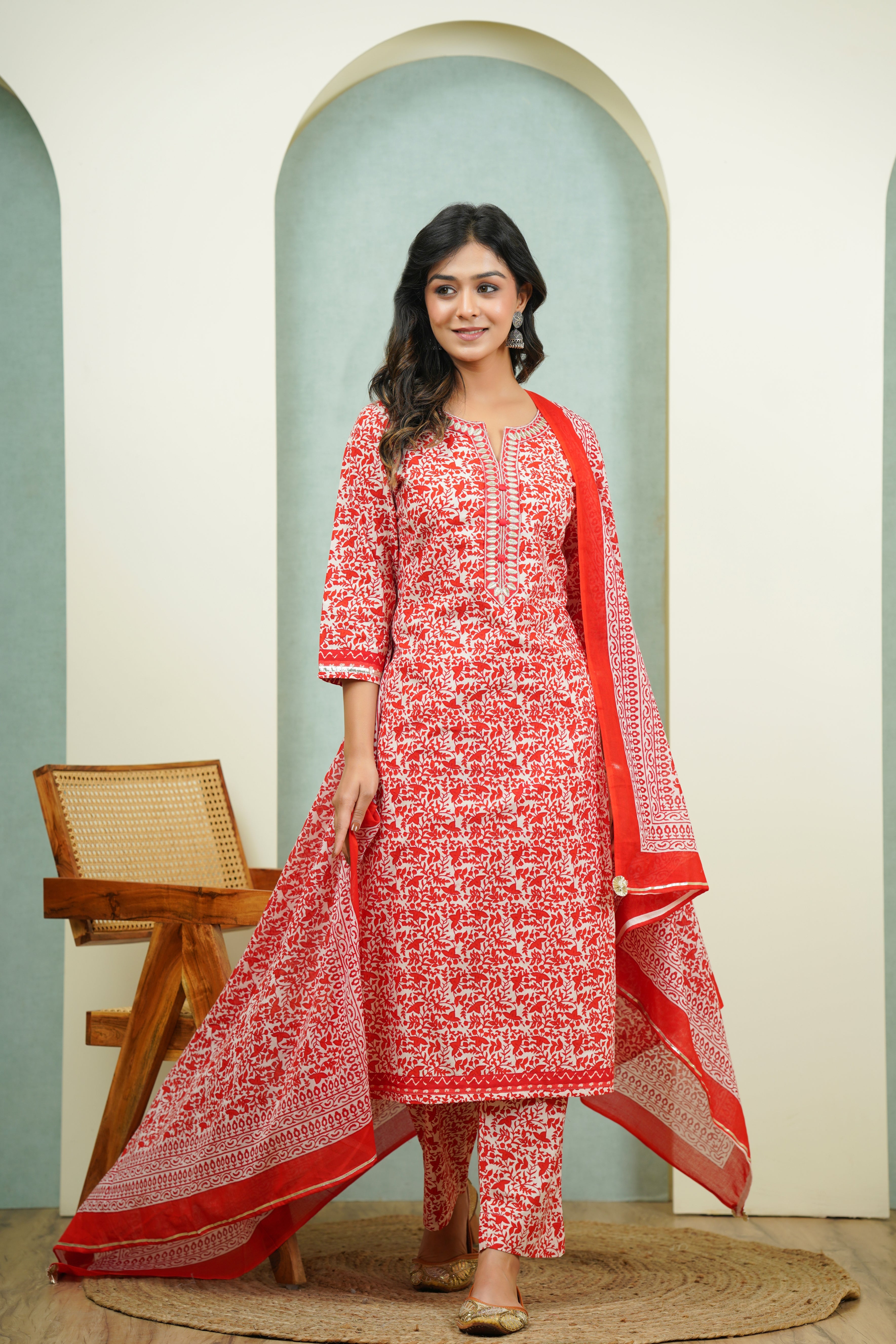 Red Floral Cotton Suit Set