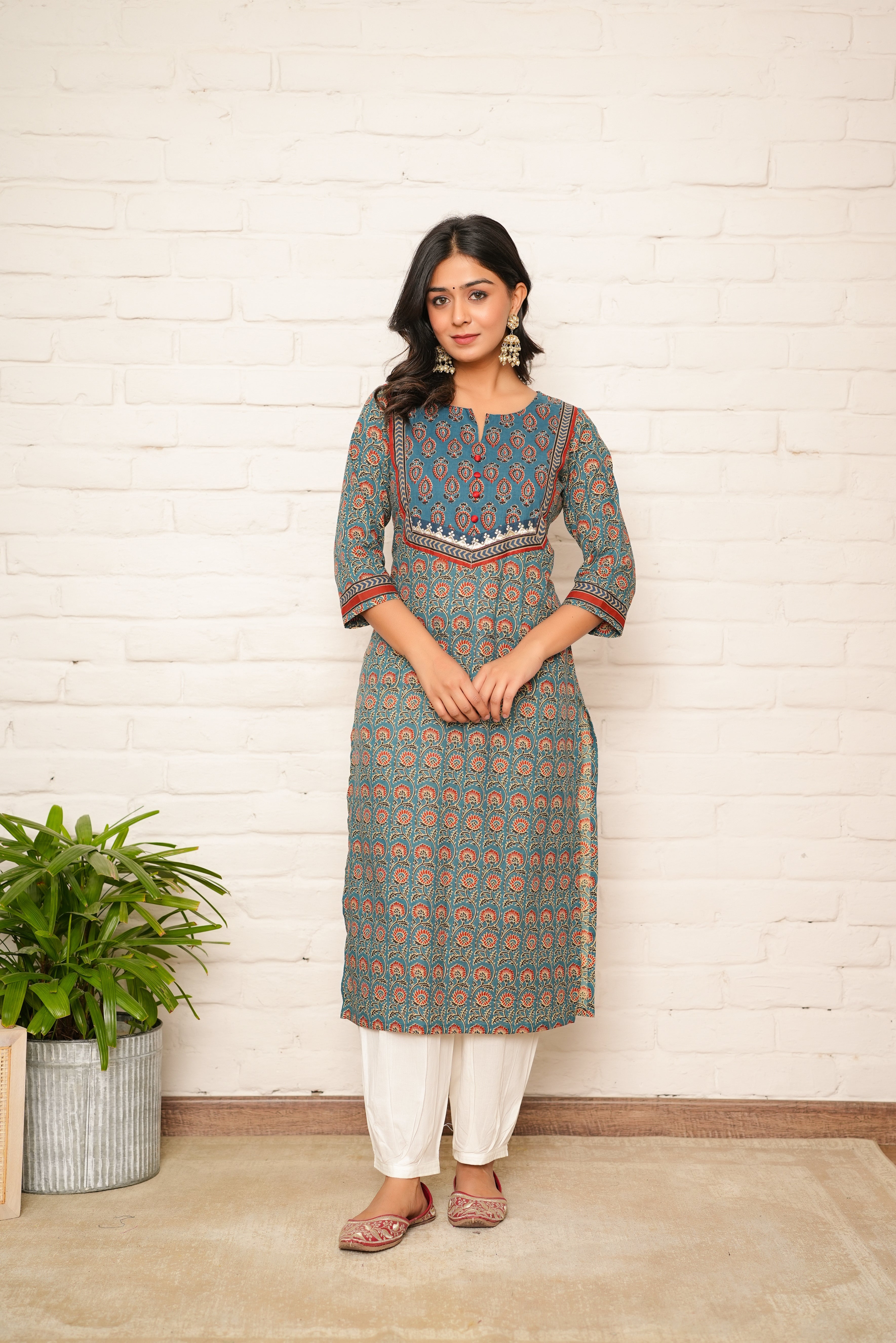 Blue Floral Printed Cotton Kurta