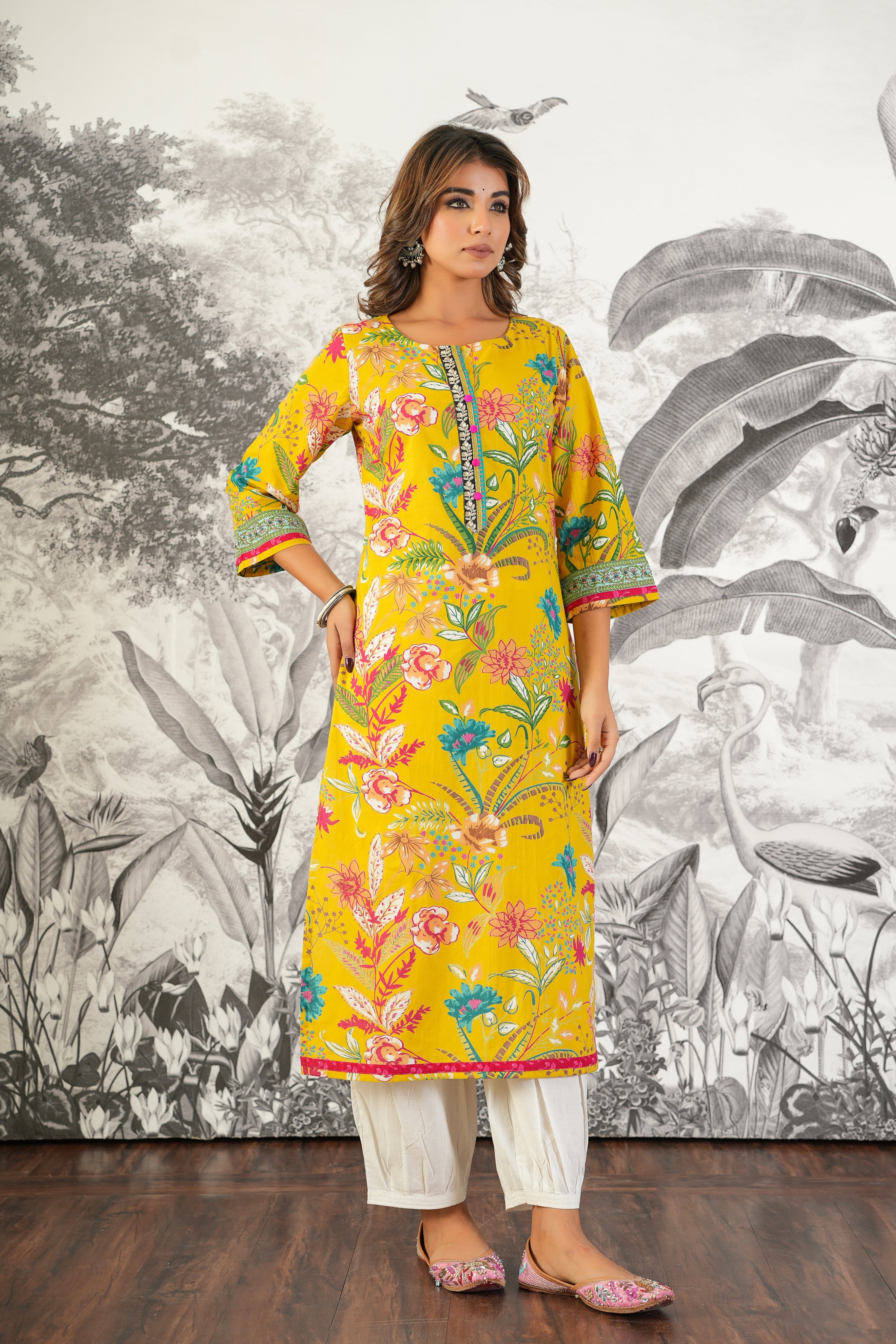 Mustard Floral Printed Cotton Kurta