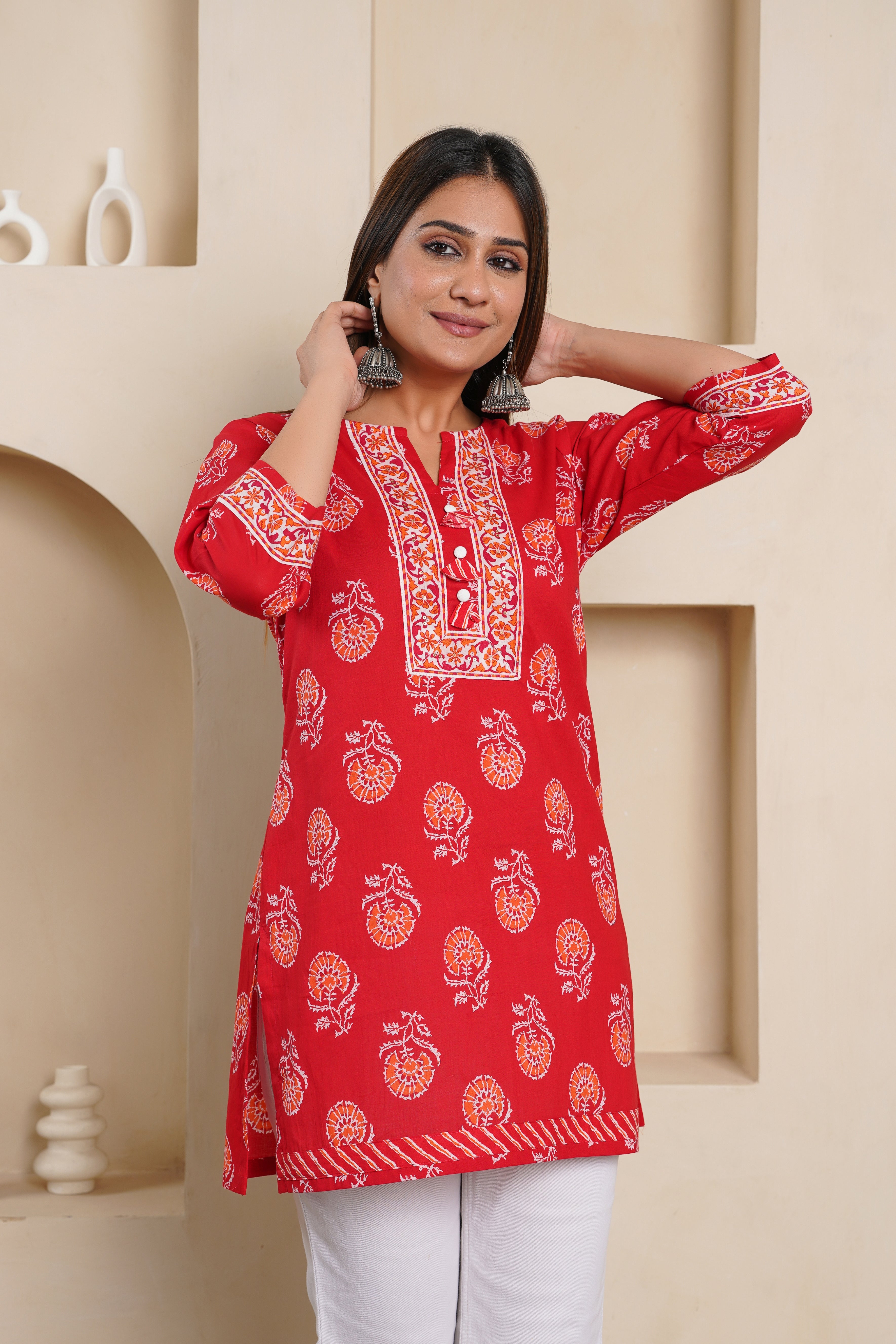 Red Floral Printed Cotton Kurti