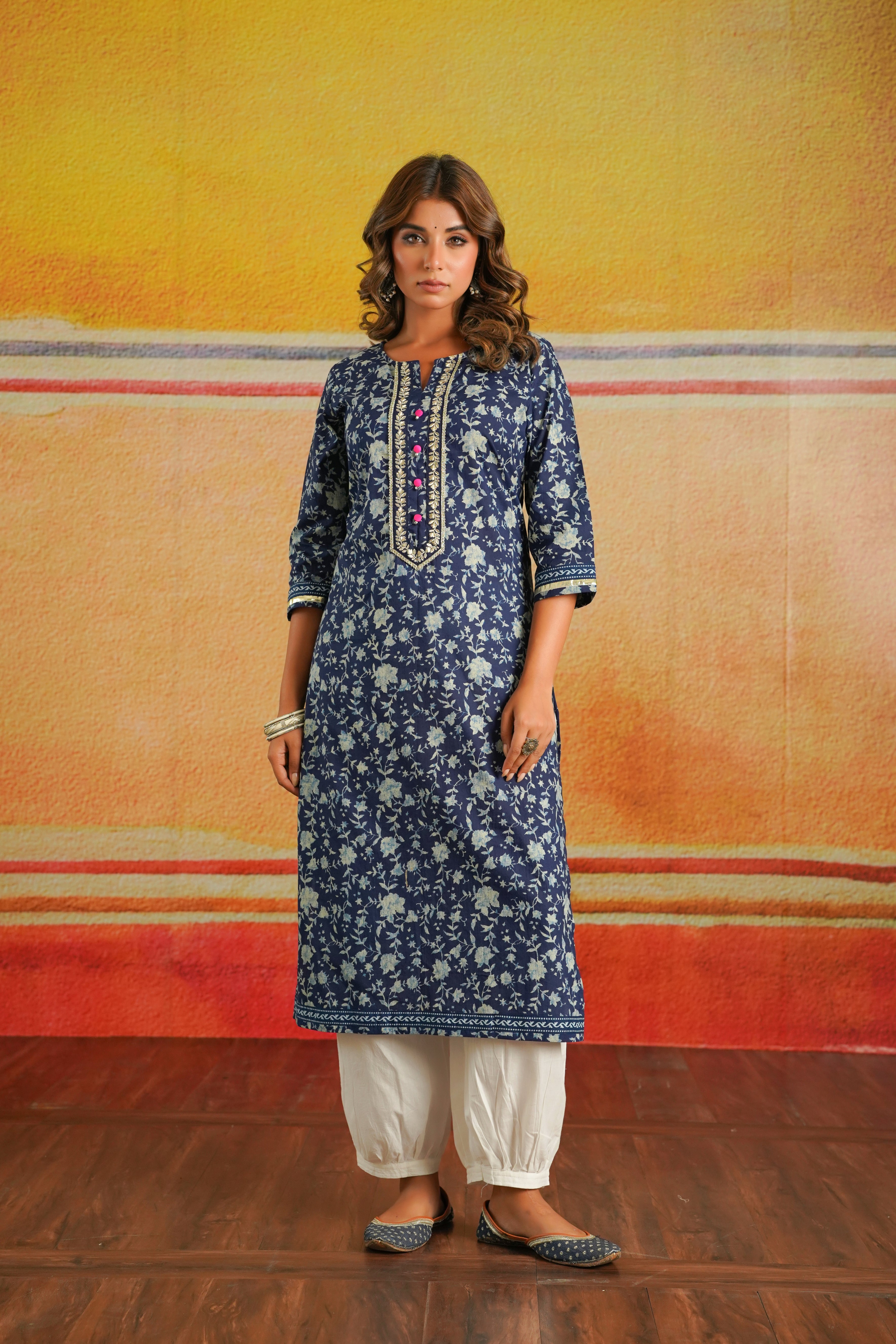 Indigo Floral Printed Cotton Kurta