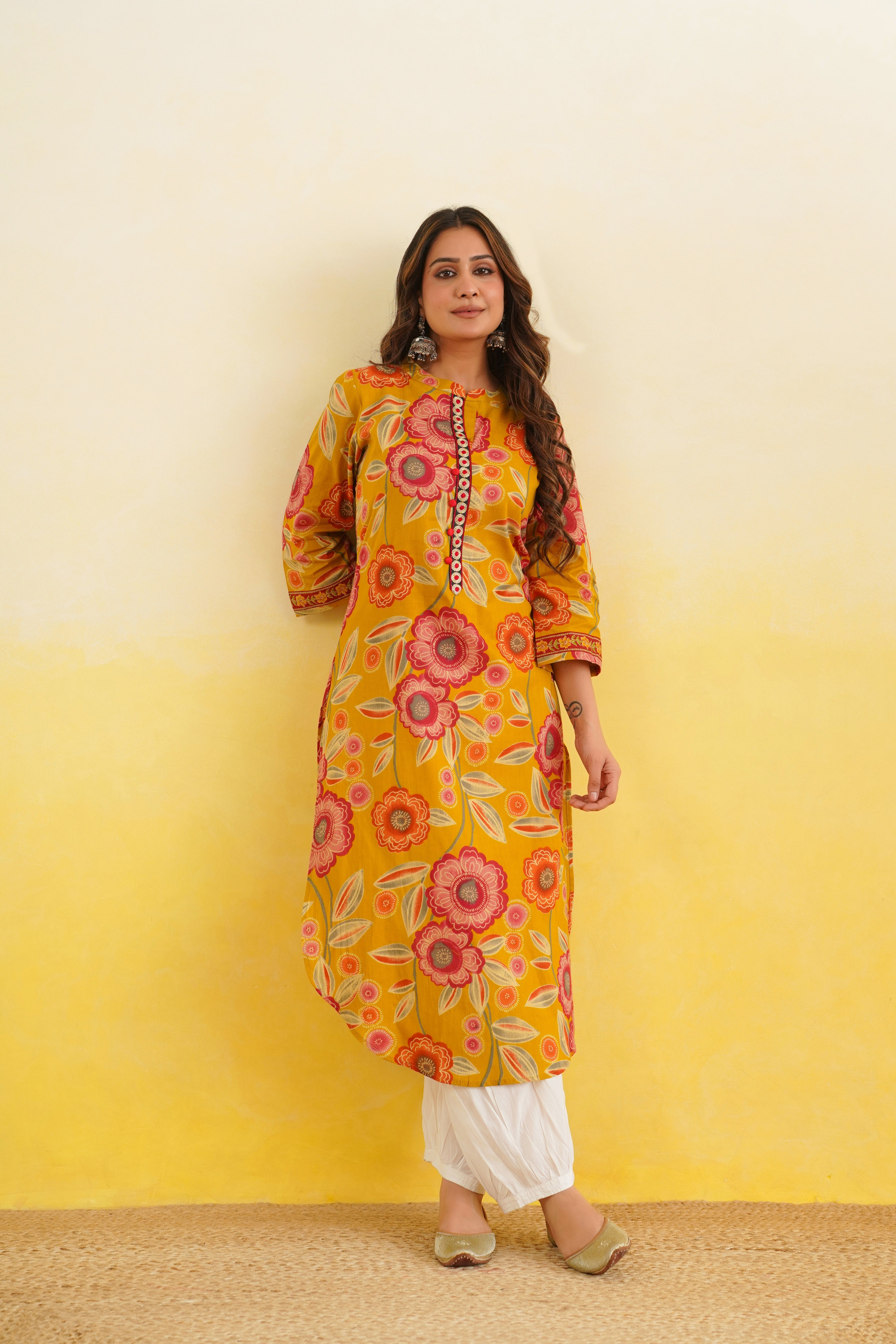Mustard Floral Cotton Printed Kurta