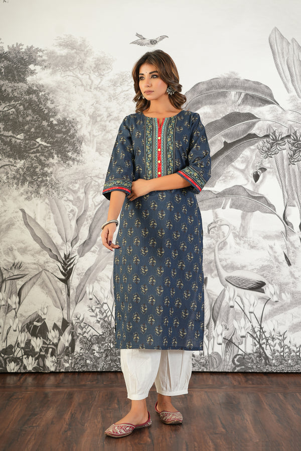 Blue Motif Printed Cotton Kurta