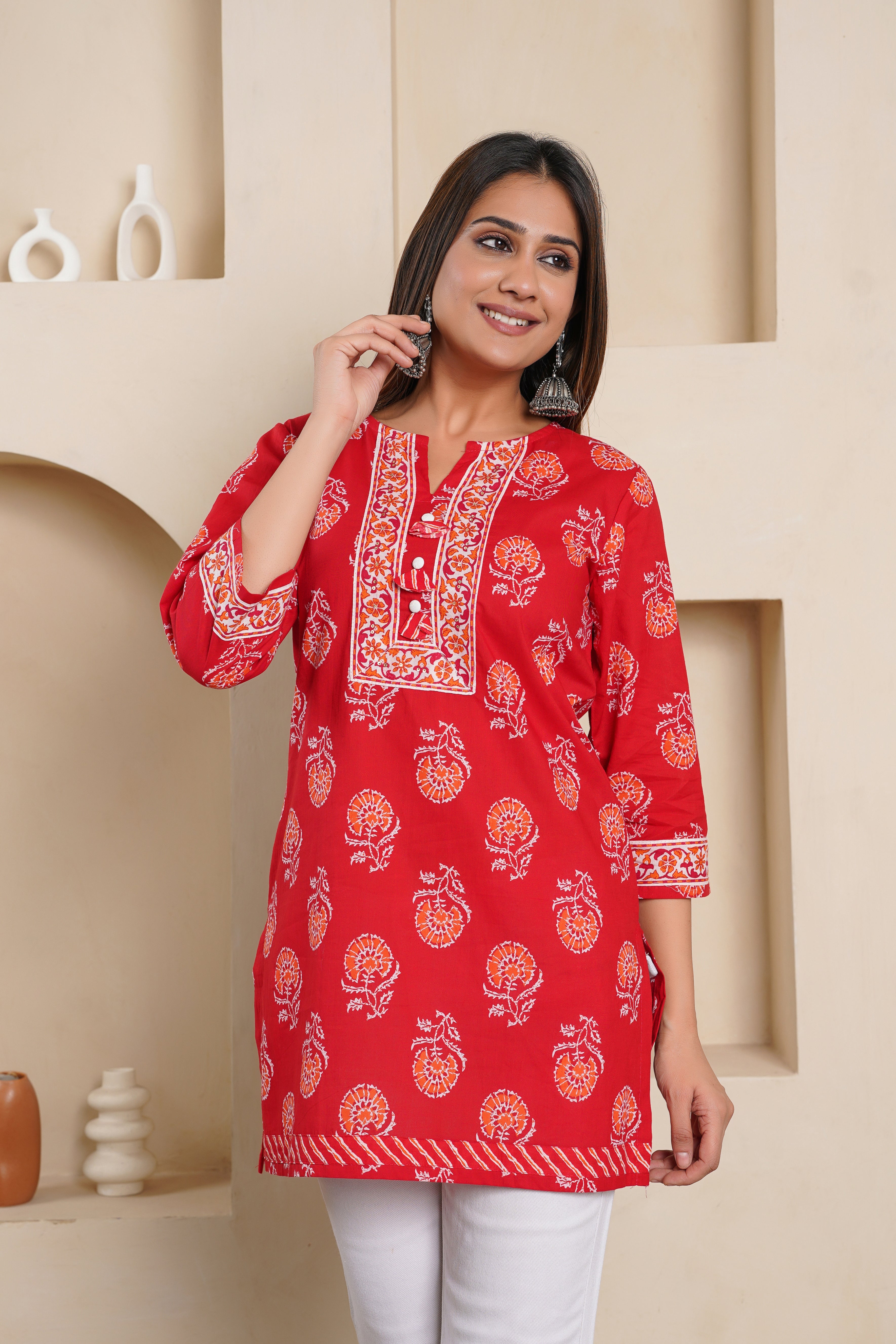 Red Floral Printed Cotton Kurti