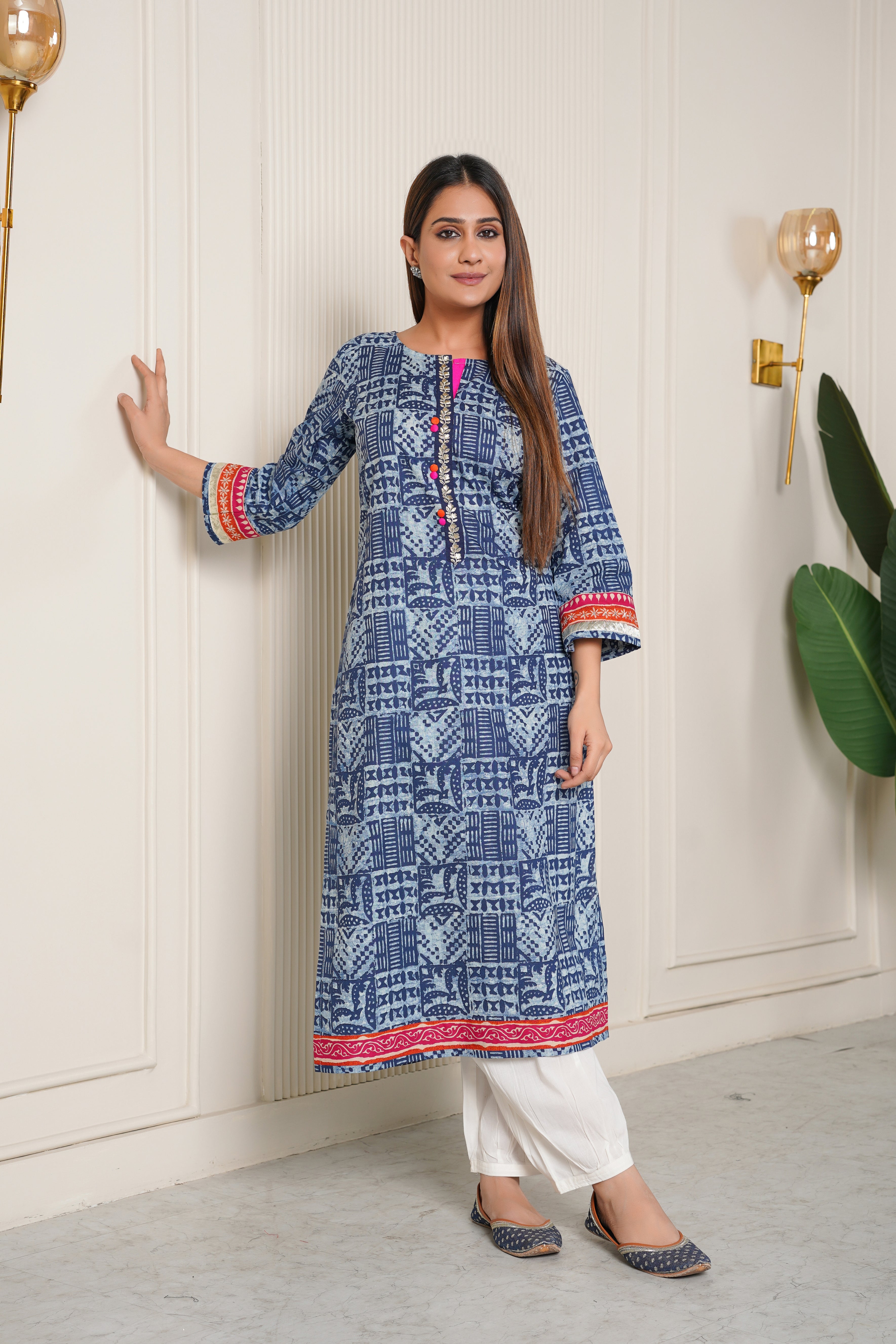 Indigo Geometric Printed Cotton Kurta