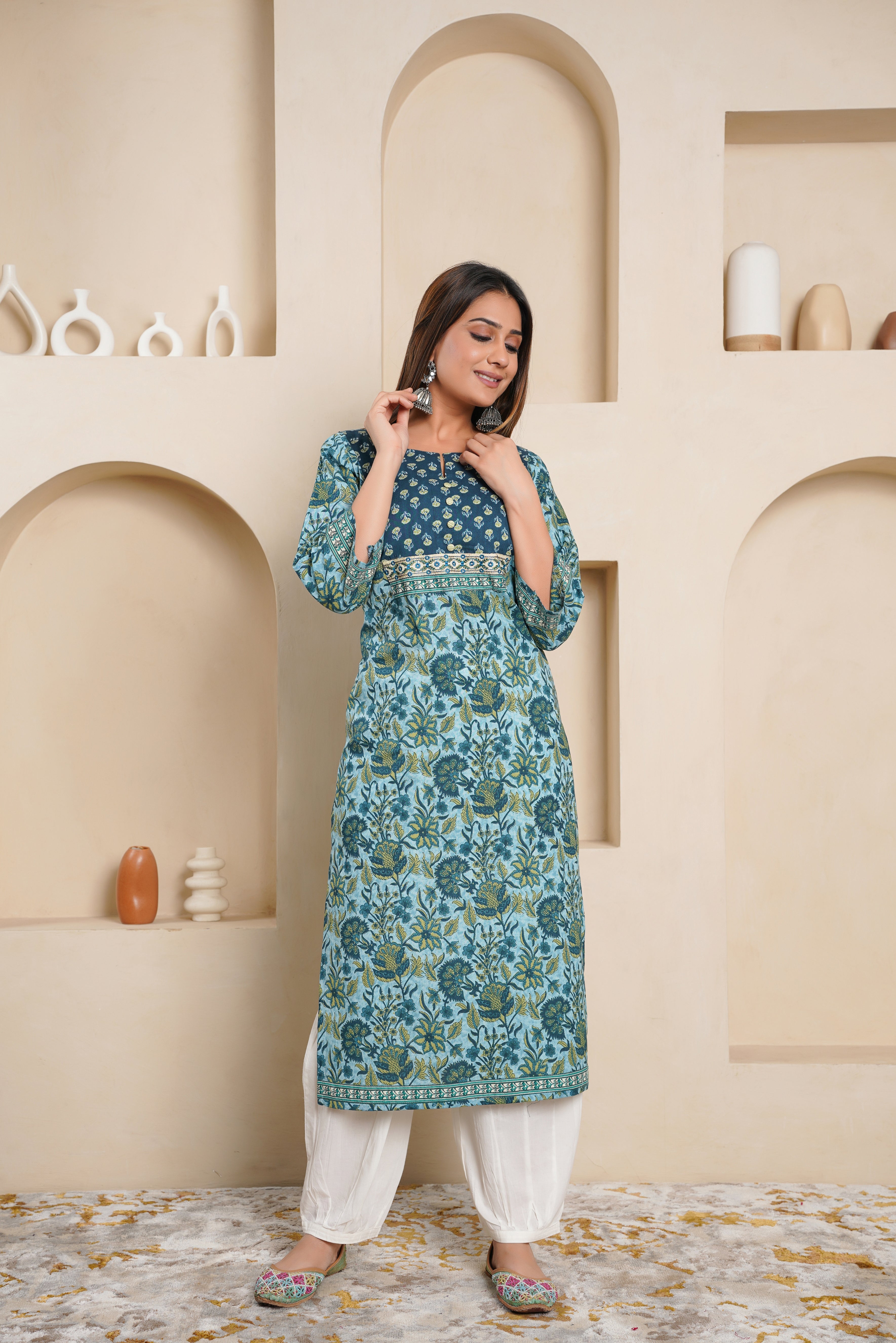 Teal Floral Printed Cotton Kurta