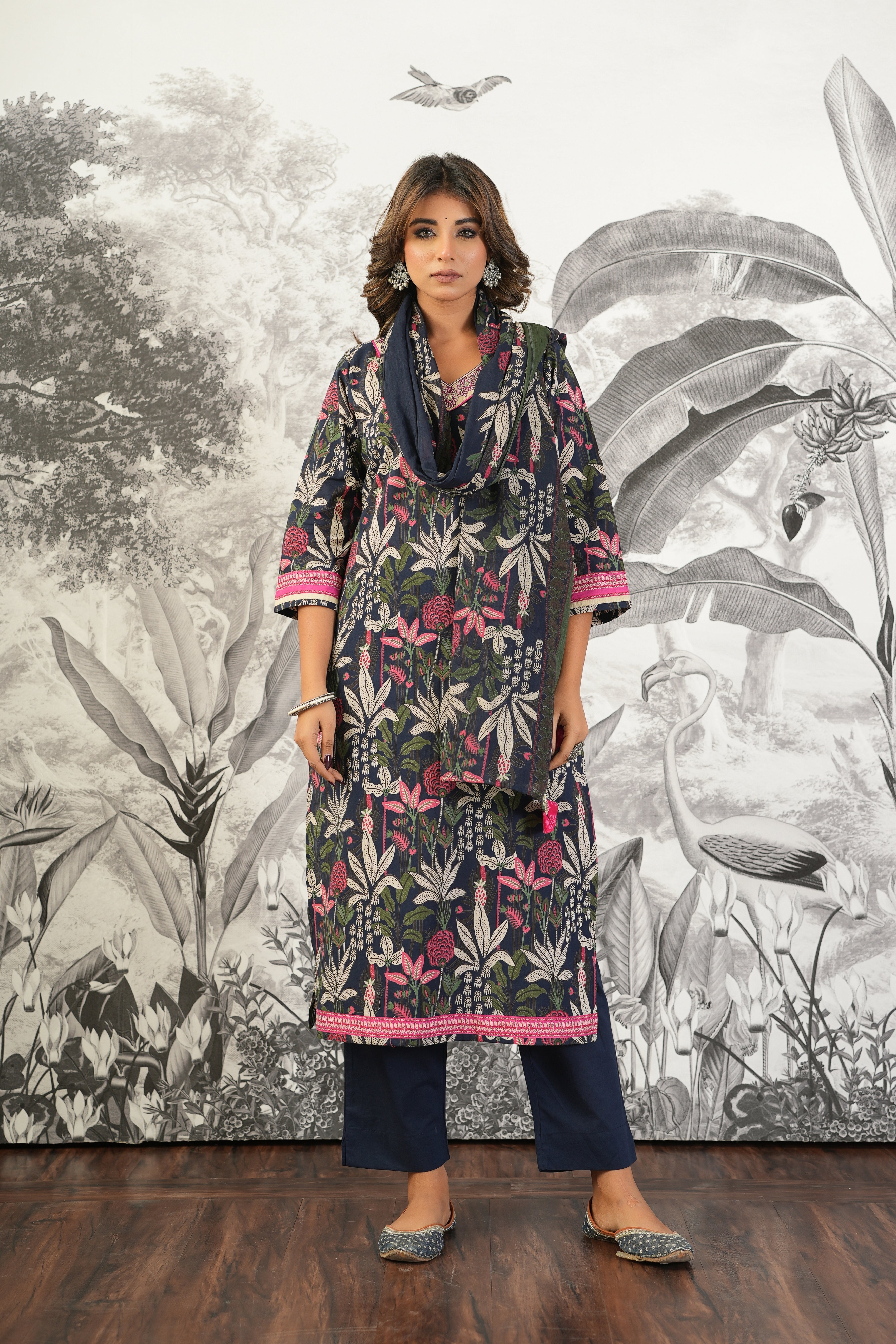 Blue Floral Printed Cotton Suit Set