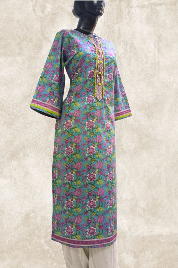 Blue Floral Printed Cotton Kurta