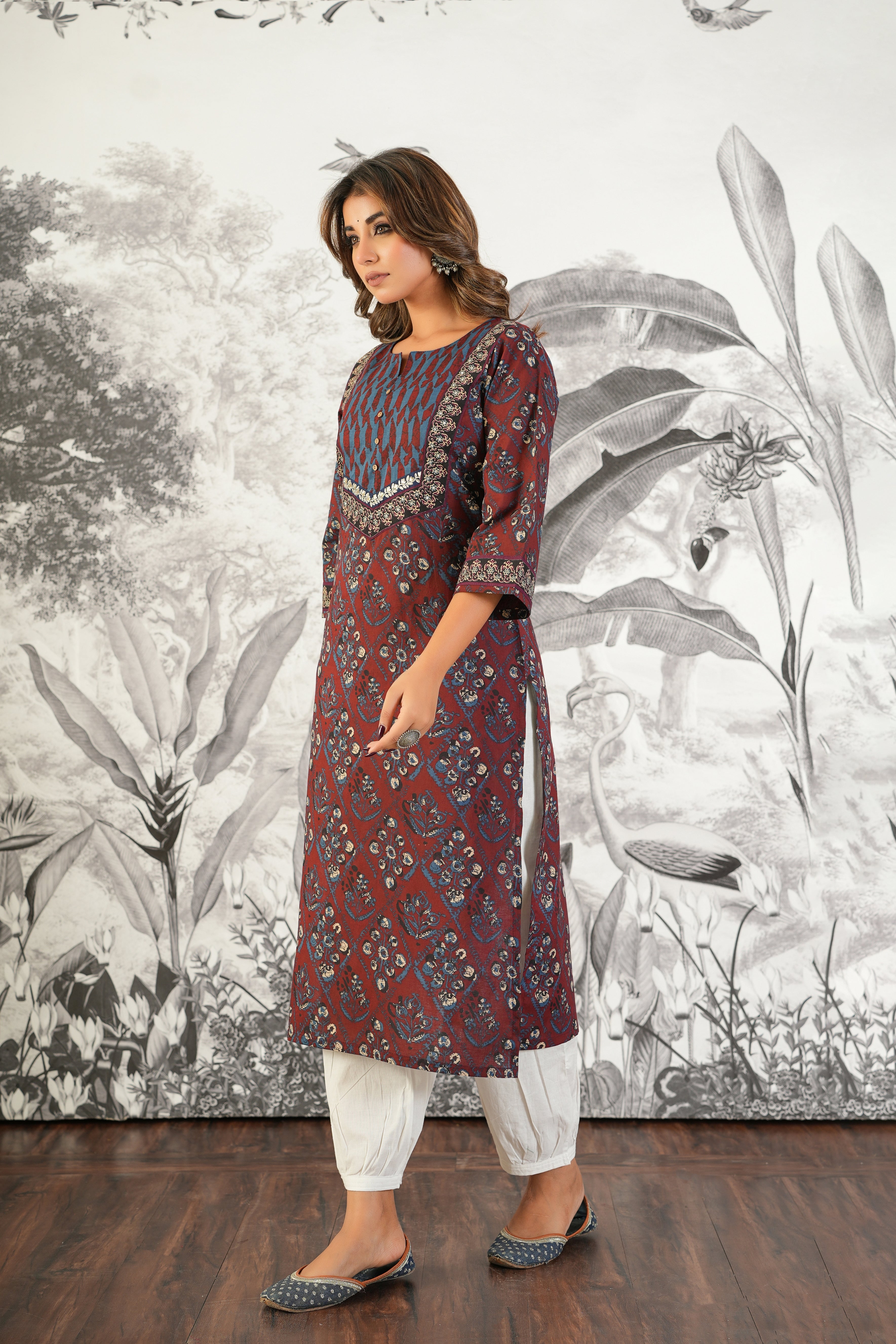 Maroon Motif Printed Cotton Kurta